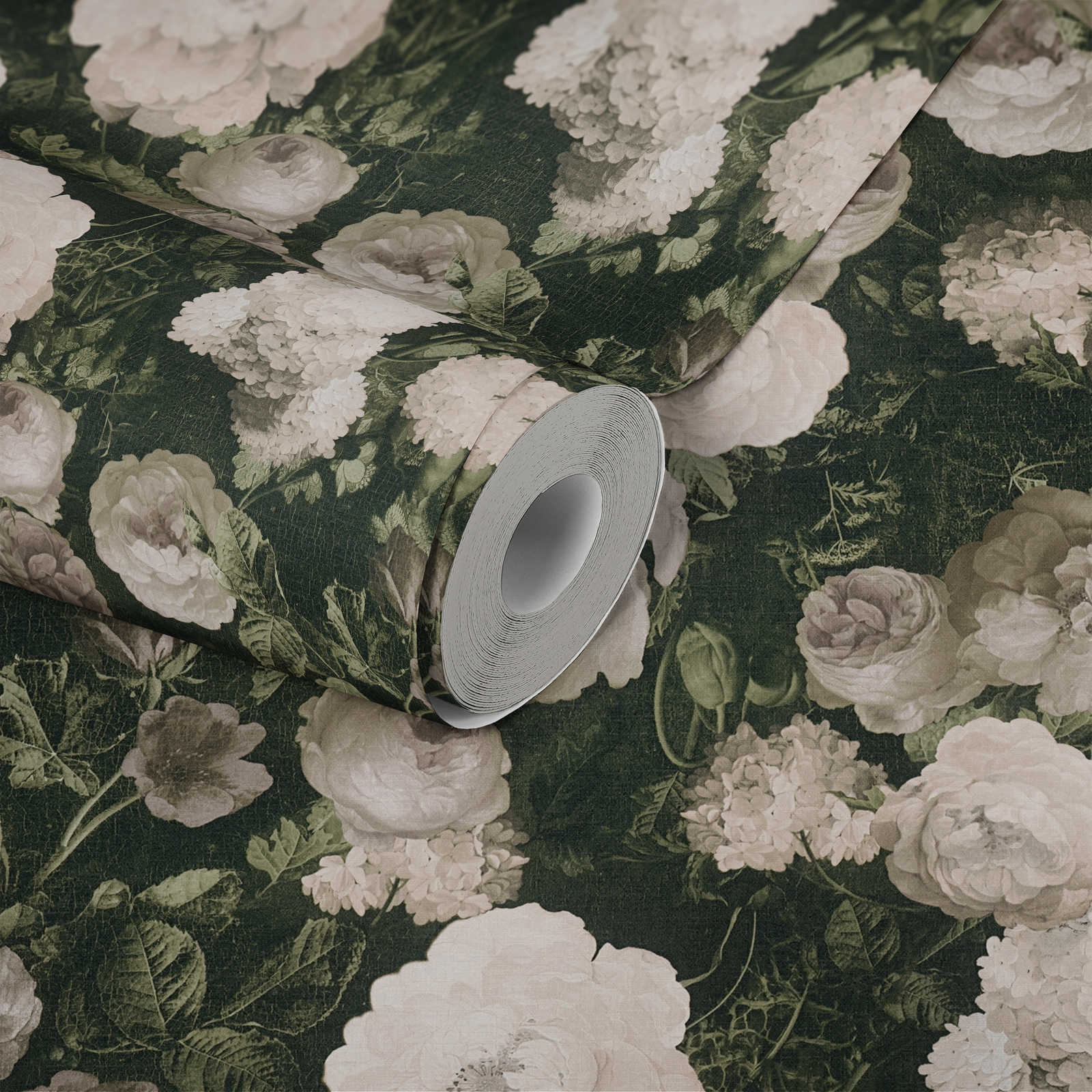             Non-woven wallpaper with roses, flowers carpet - cream, green, grey
        