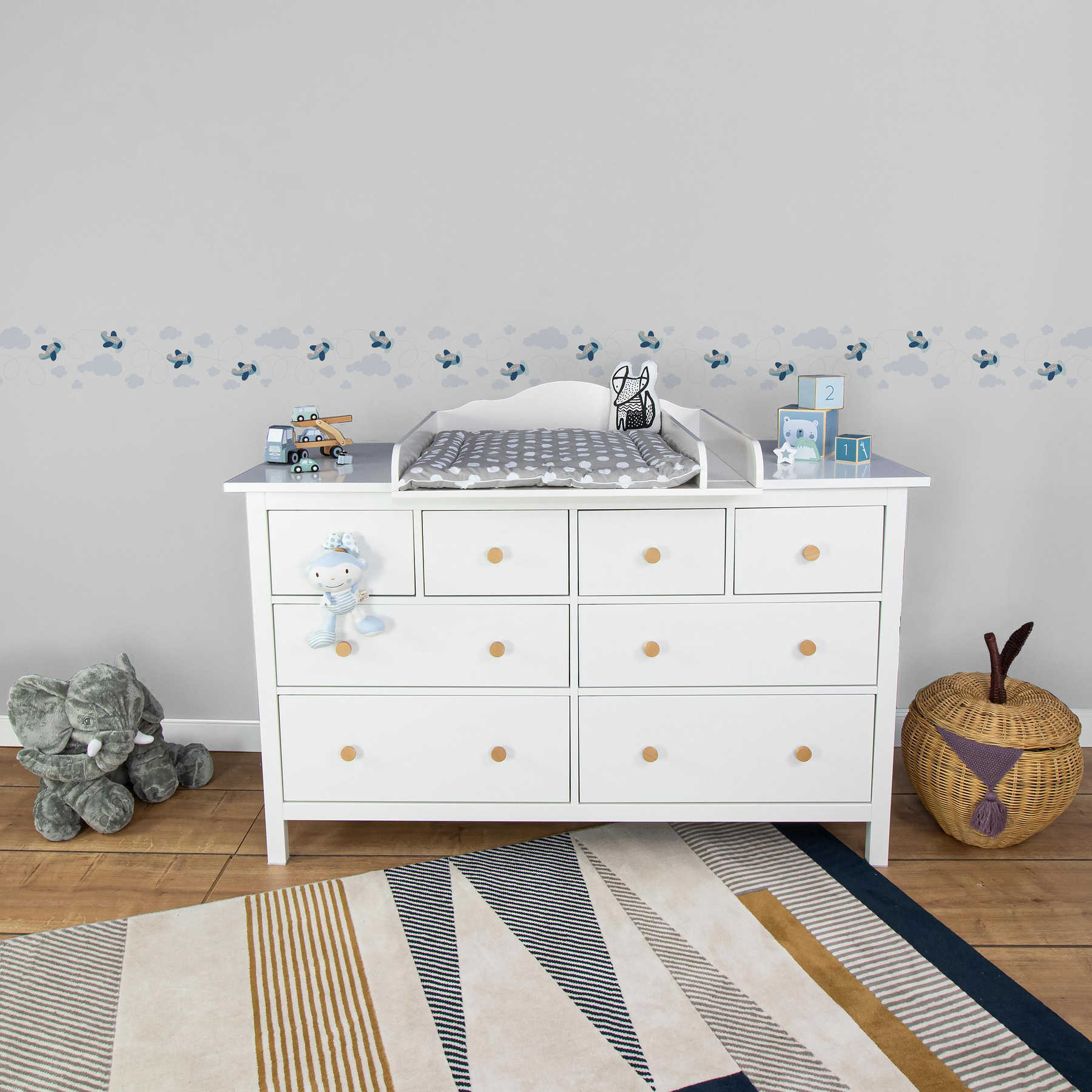             Breezy Outlook Frontera de la habitación del bebé para los niños - azul, gris, blanco
        