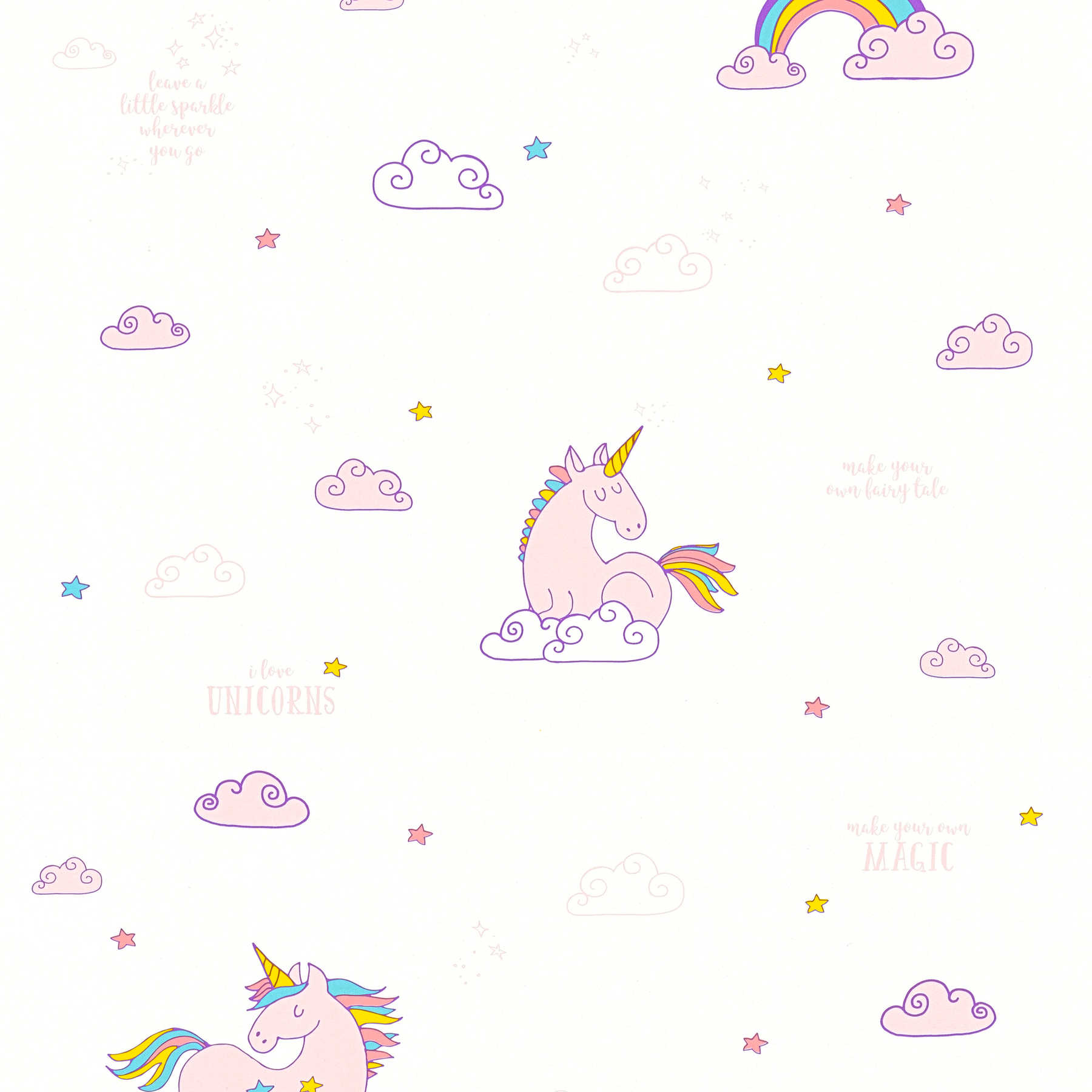         Carta da parati con unicorno, arcobaleno e nuvole - Colorata, viola
    
