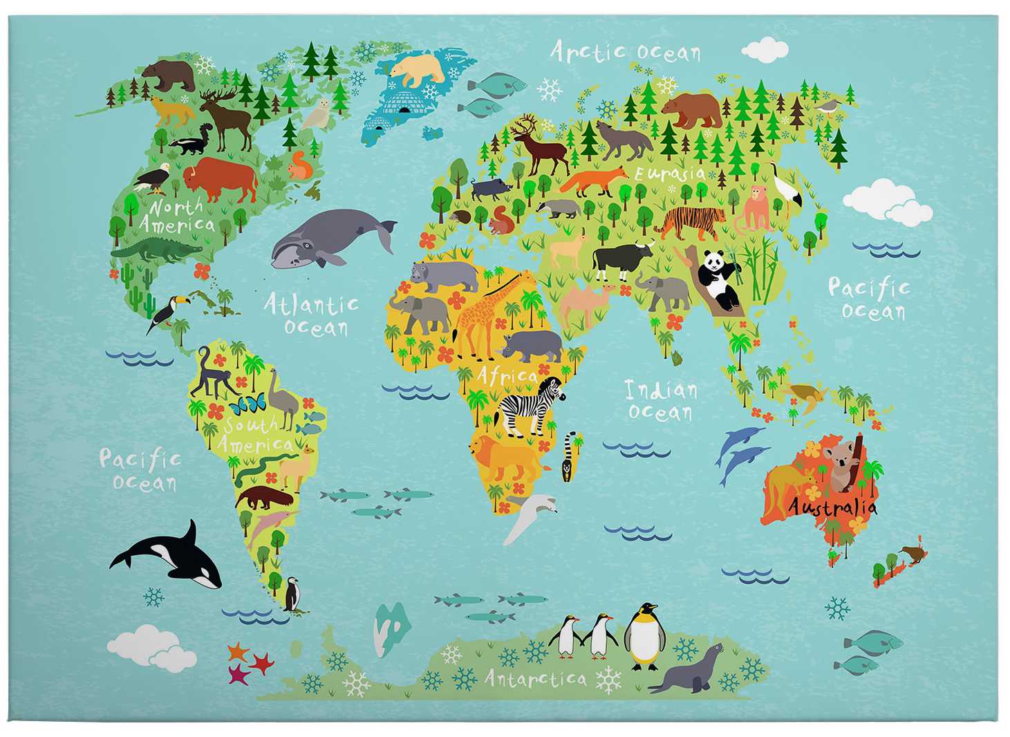             Canvas print world map with animals by kvilis – coloured
        