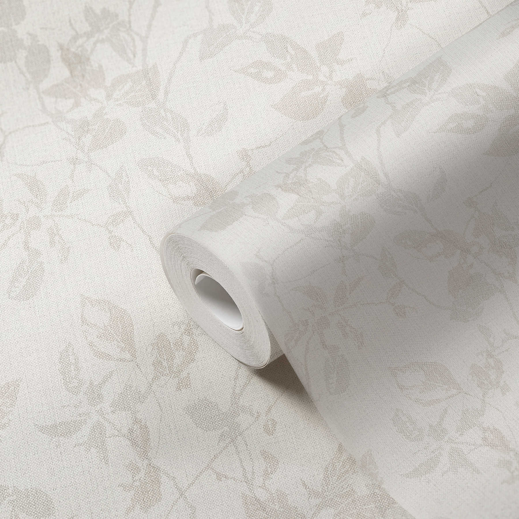             Wallpaper with leaf motif & linen look - beige, grey
        