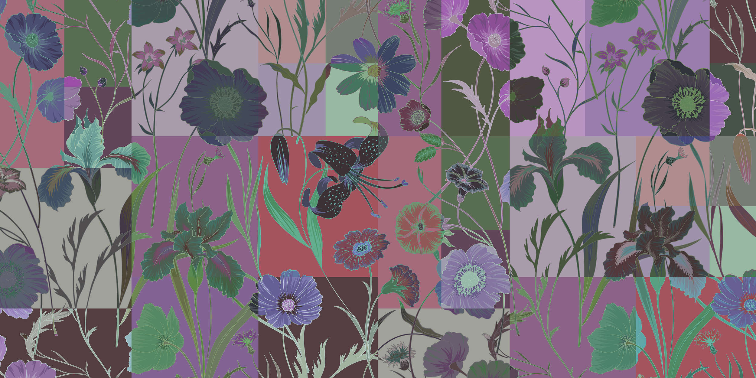             Floral patch 1 - papier peint coloré avec patchwork de fleurs - vert, rouge | Intissé lisse mat
        