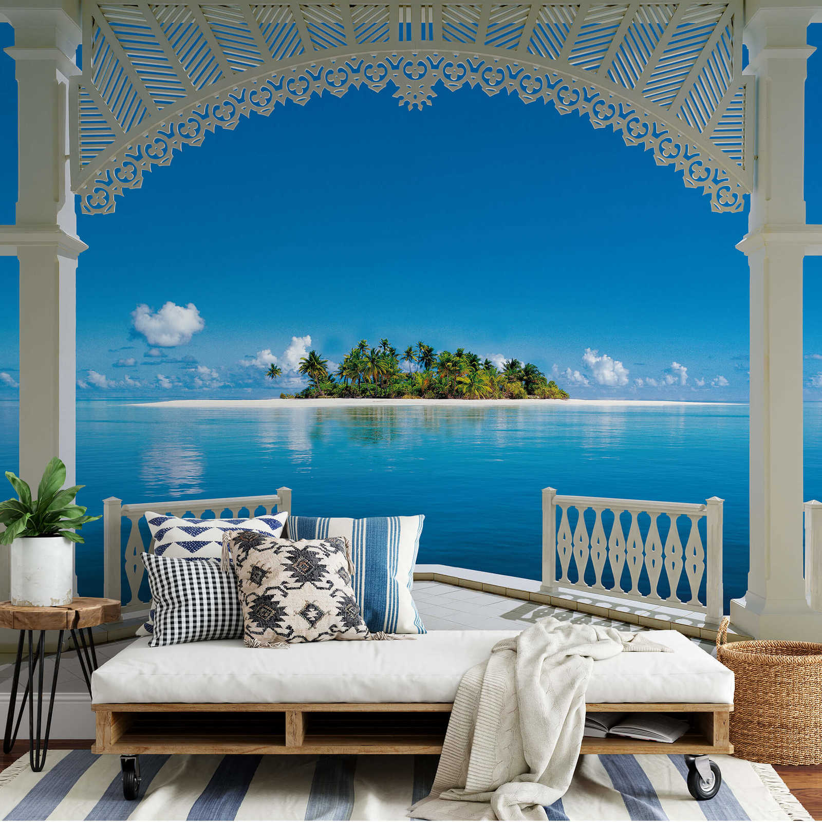             Papier peint panoramique Mers du Sud avec île de palmiers & mer bleu turquoise
        