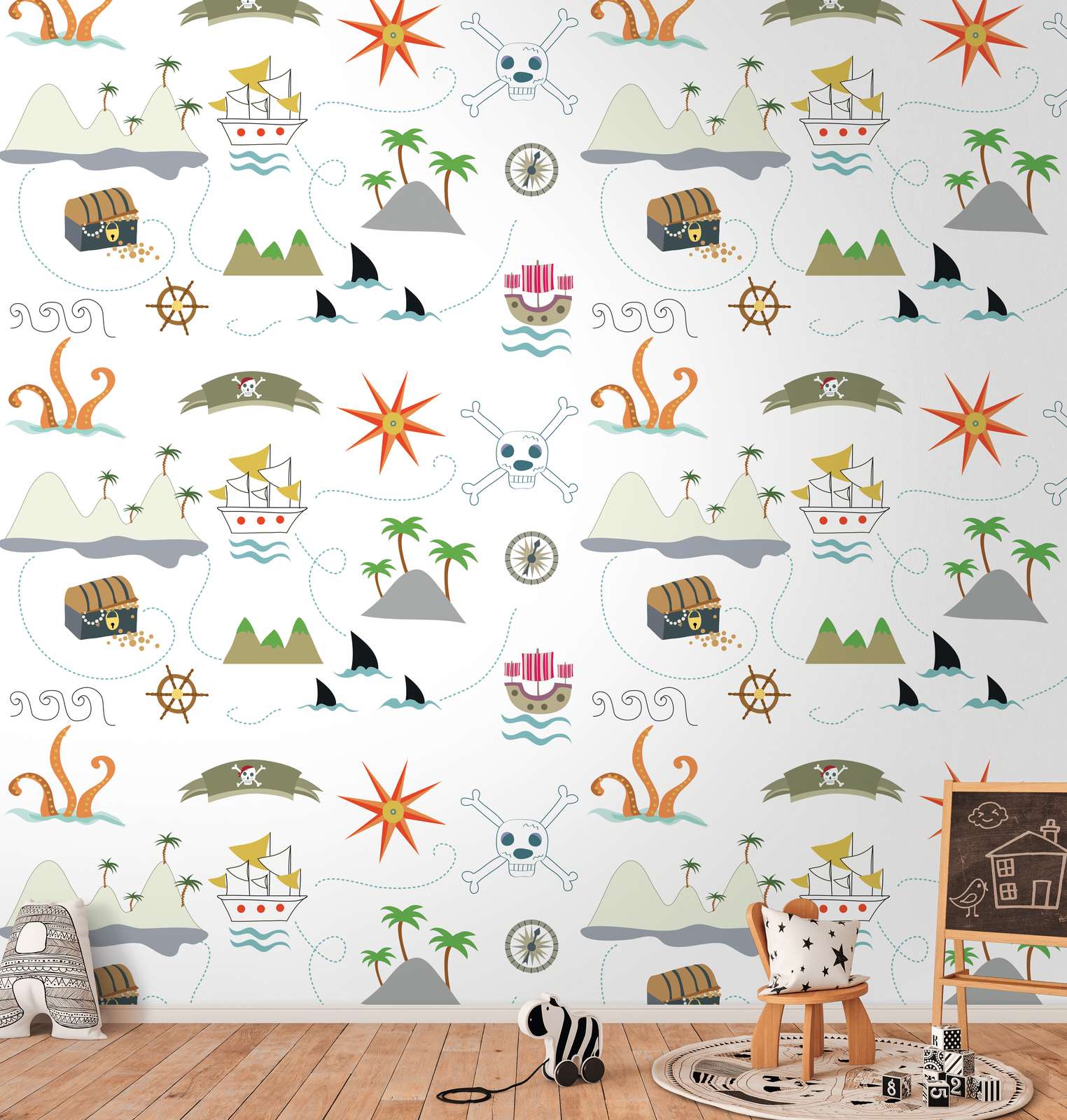             Children's non-woven wallpaper with pirate symbols - colourful, cream, grey
        
