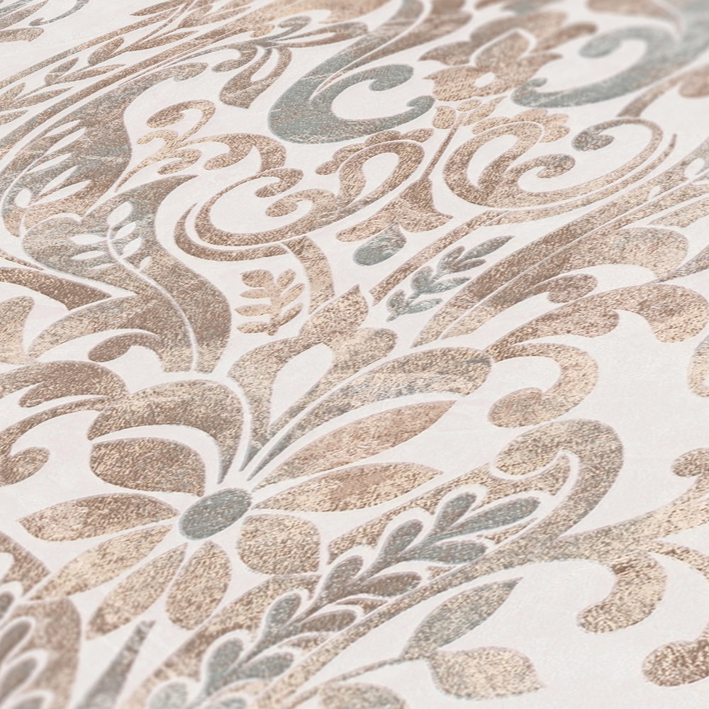             Papel pintado ornamental en diseño vintage y floral - crema, beige, rosa
        