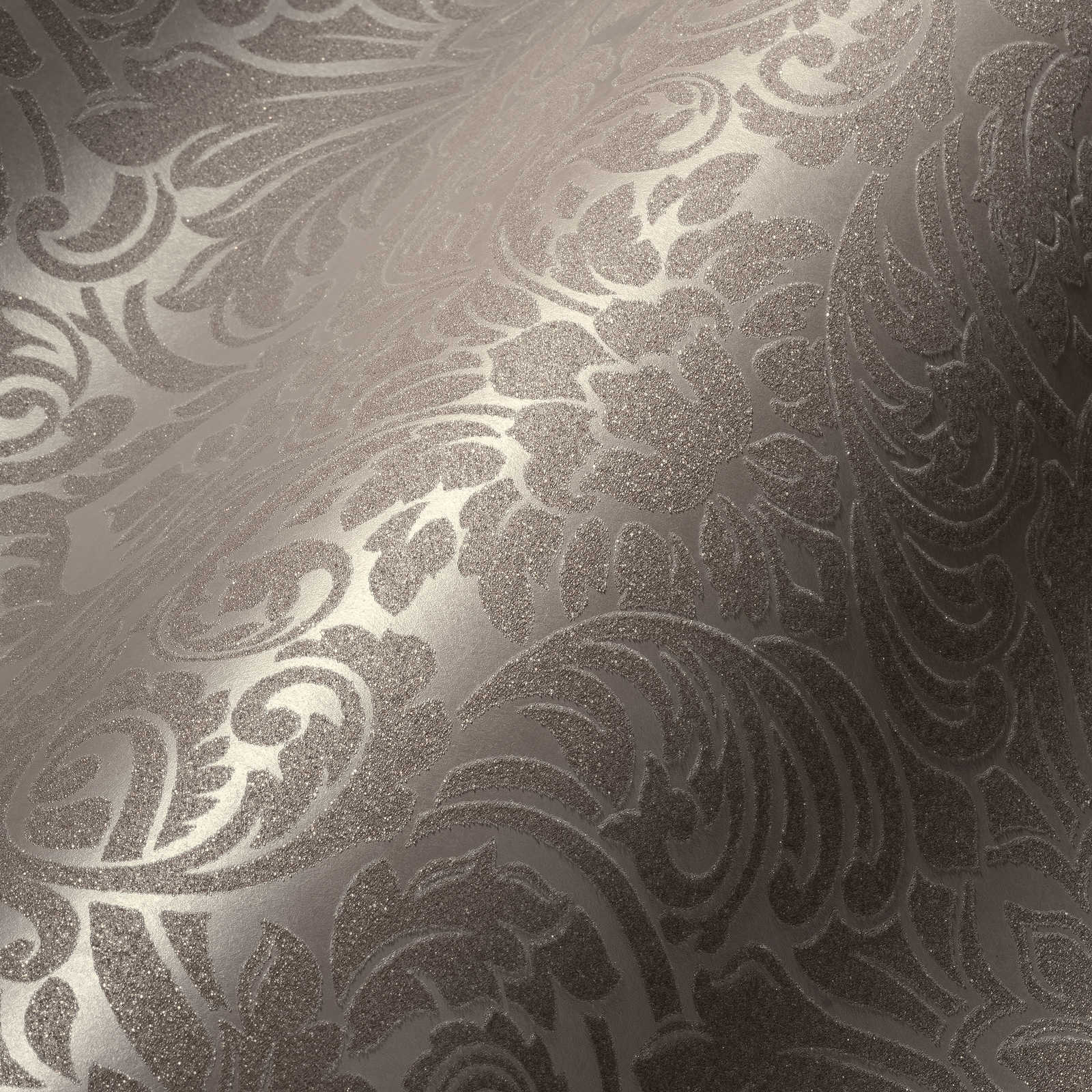             Papier peint ornemental à effet métallique et motif floral - bronze, marron
        