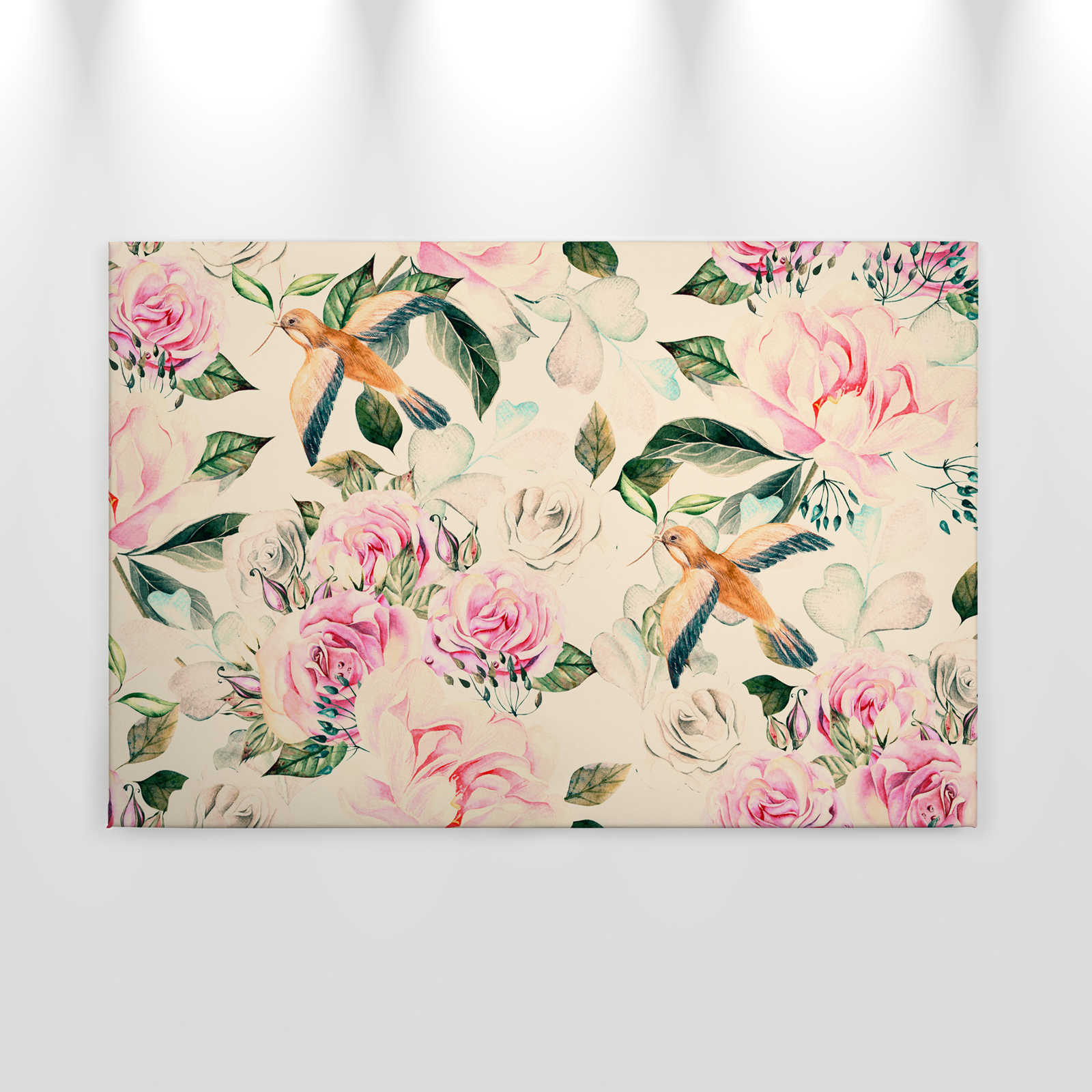             Canvas in vintage stijl met speelse bloemen en vogels - 0,90 m x 0,60 m
        