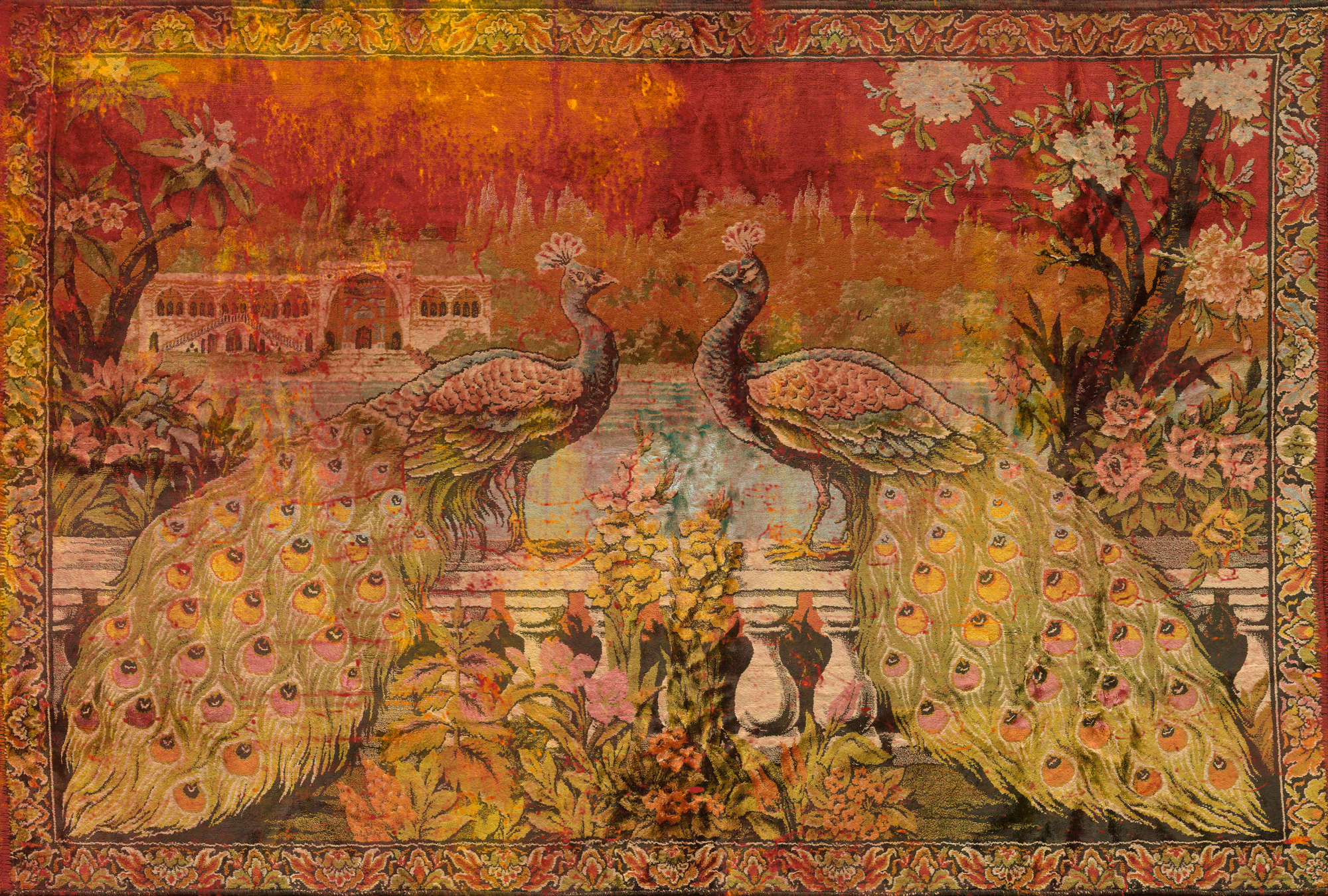             Papier peint coloré de style ethnique avec peinture indienne - vert, rouge, orange
        