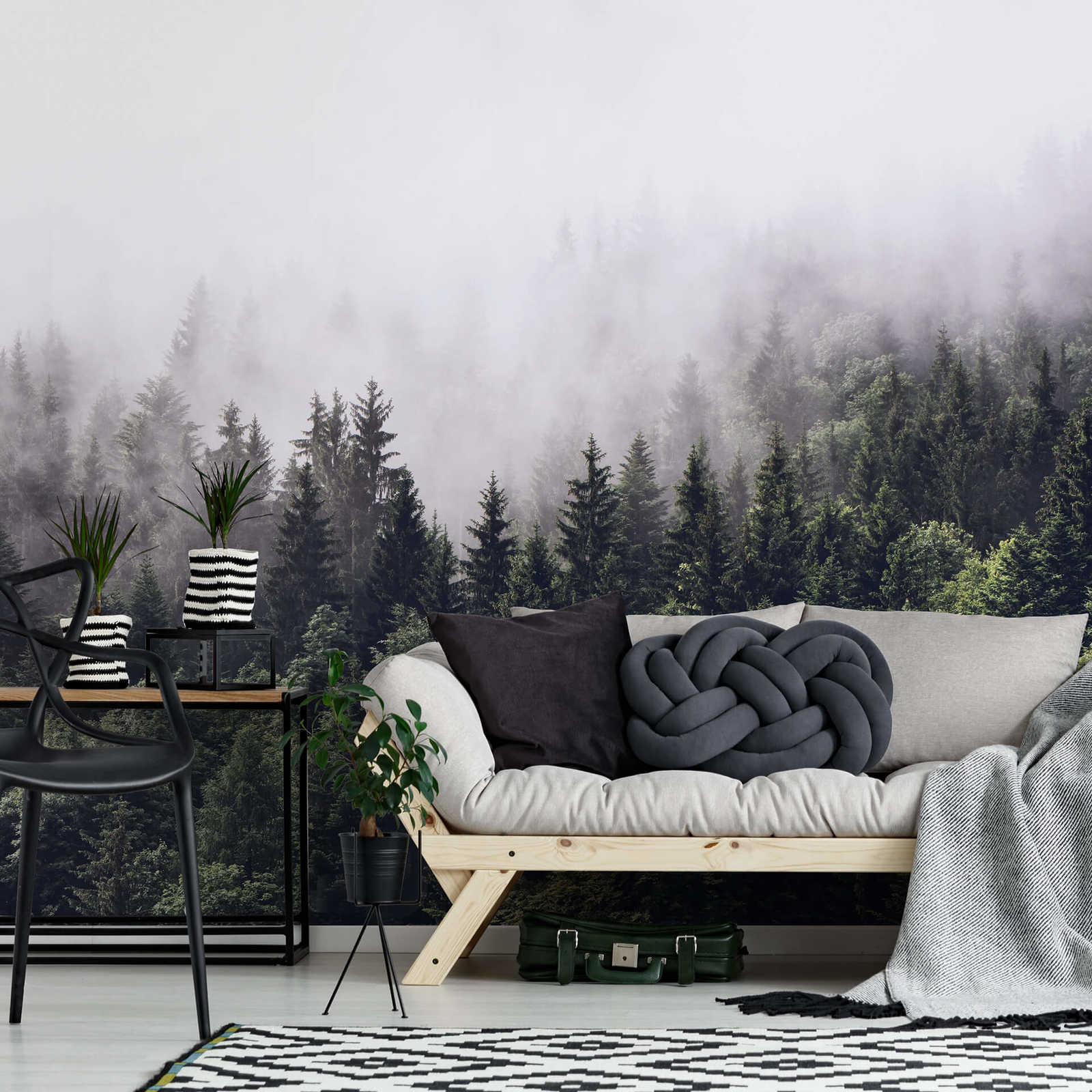            Papier peint panoramique forêt dans le brouillard - vert, blanc
        
