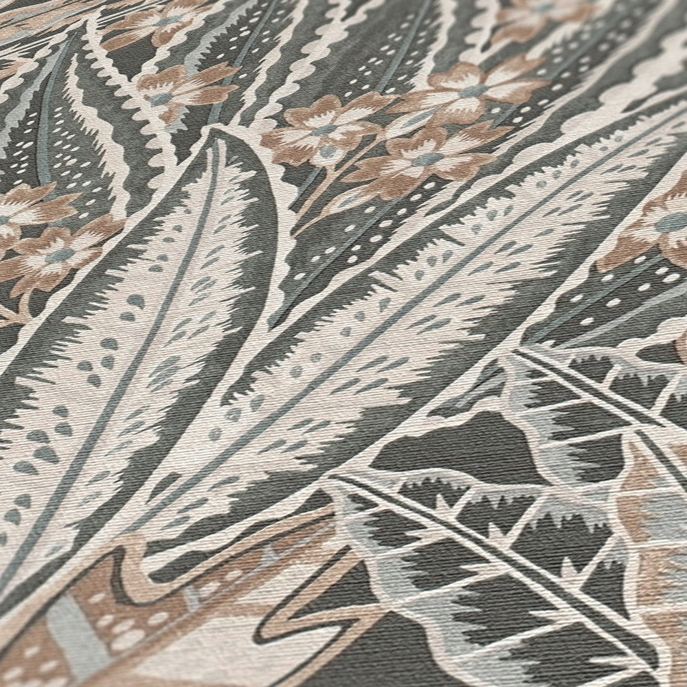             Motif de feuilles dans un style abstrait sur papier peint intissé - noir, marron, gris
        