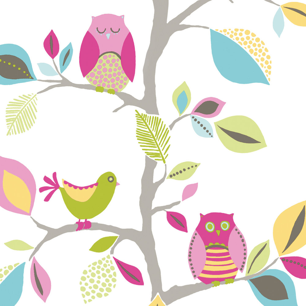             Carta da parati motivo gufi con foglie e uccelli per la stanza dei bambini - colorata
        