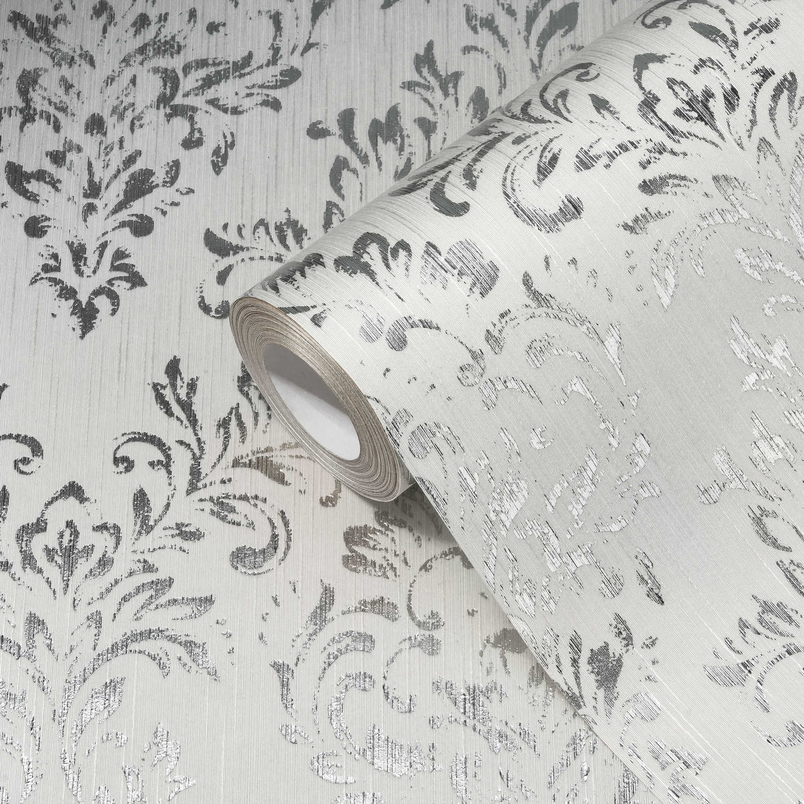             Carta da parati ornamentale a motivi floreali con effetto glitter - argento, bianco
        