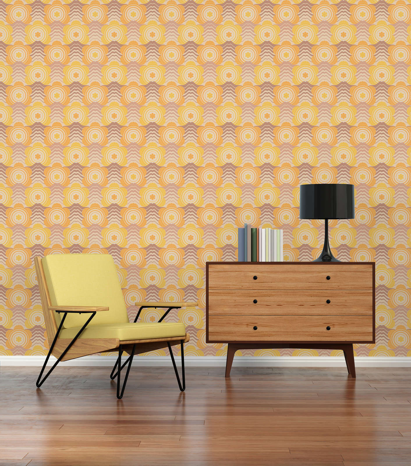             Non-woven wallpaper with floral pattern in 70s style - beige, brown, orange
        