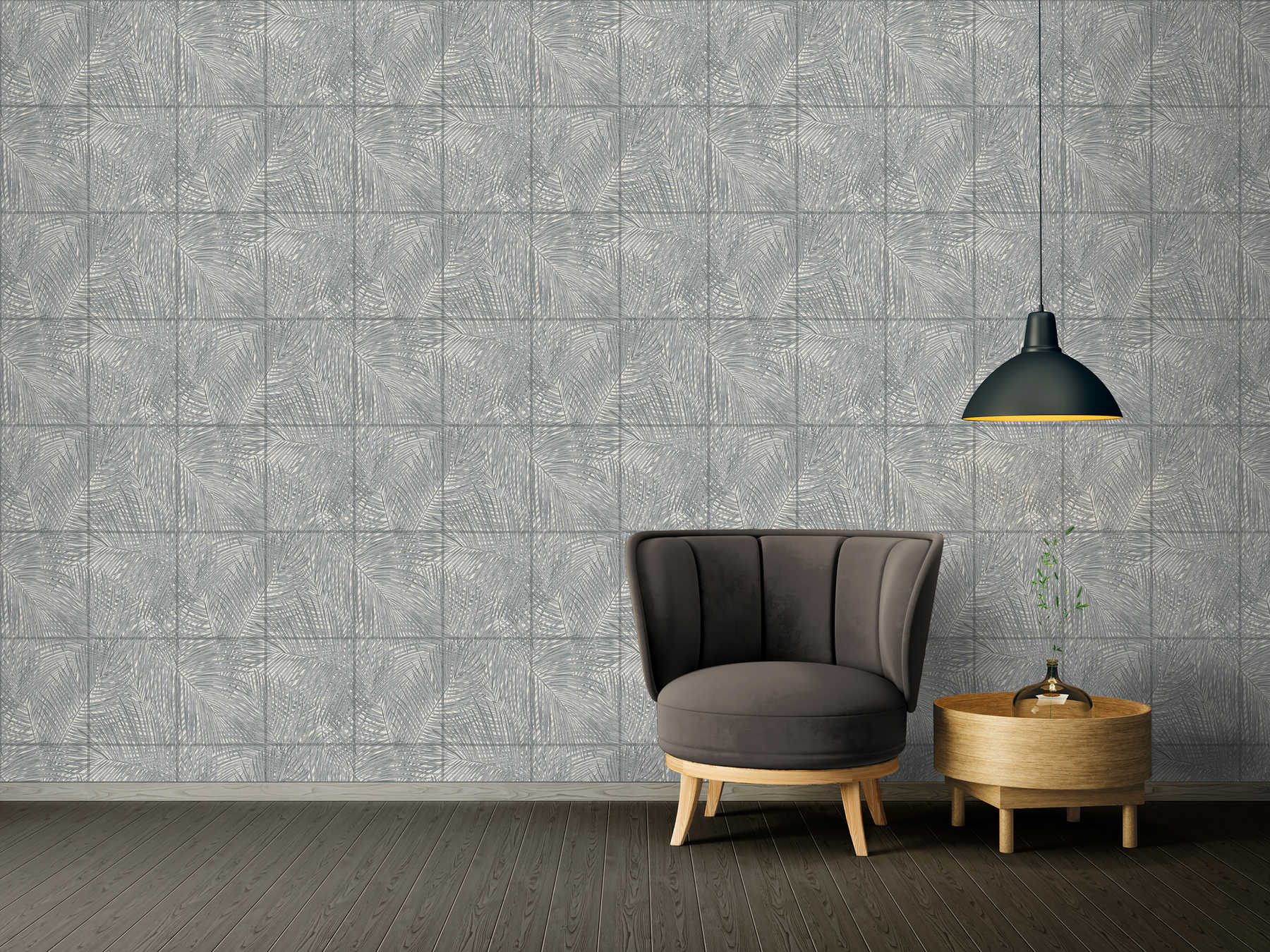             Wallpaper with tile design & leaf motif - black, white, grey
        
