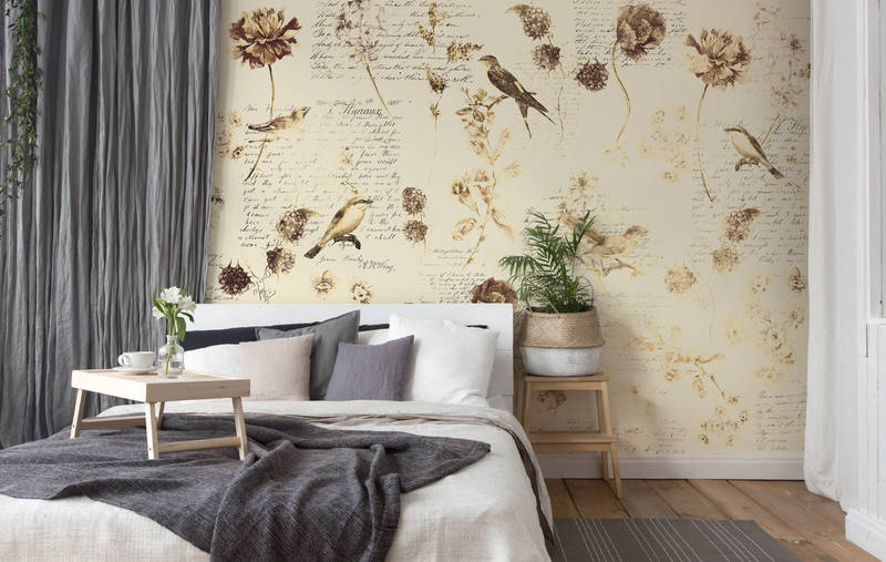             Photo wallpaper romantic with flowers & handwriting decor - cream, brown, beige
        