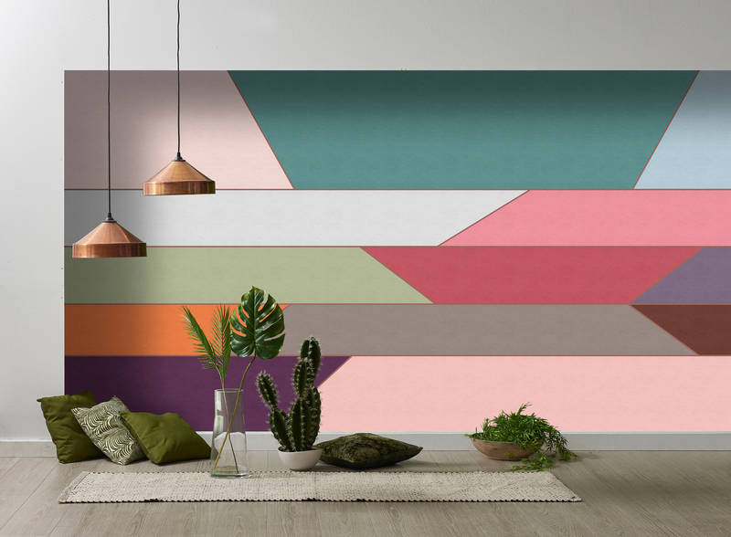             Geometry 2 - Photo wallpaper with colourful horizontal stripe pattern in ribbed structure - Beige, Blue | Matt smooth fleece
        