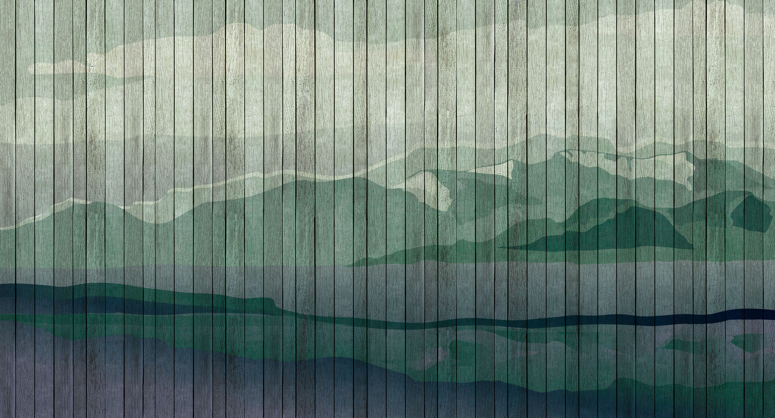             Mountains 3 - Papier peint moderne Paysage de montagne & aspect planche - bleu, vert | Intissé lisse mat
        