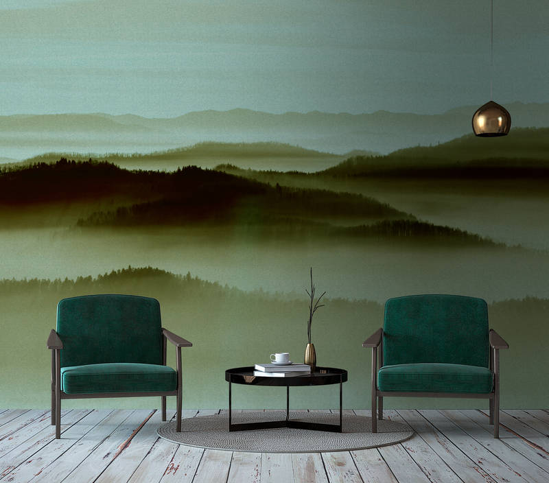            Horizon 2 - Wallpaper in cardboard structure with fog landscape, nature Sky Line - Beige, Green | Structure non-woven
        