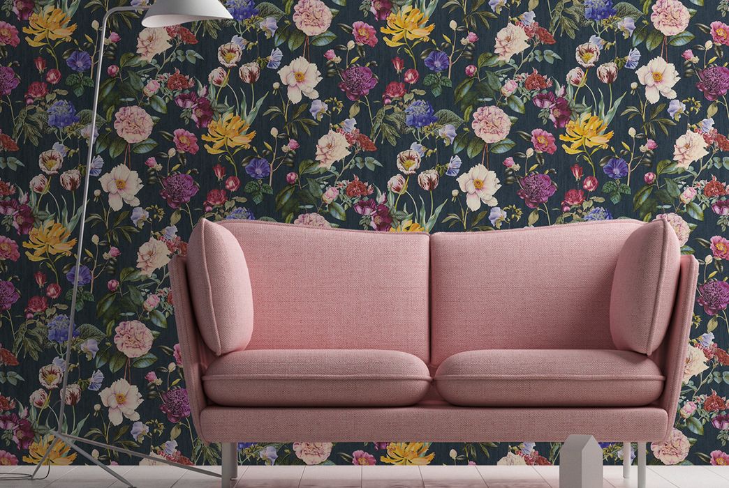 Living room with colourful floral wallpaper AS373364