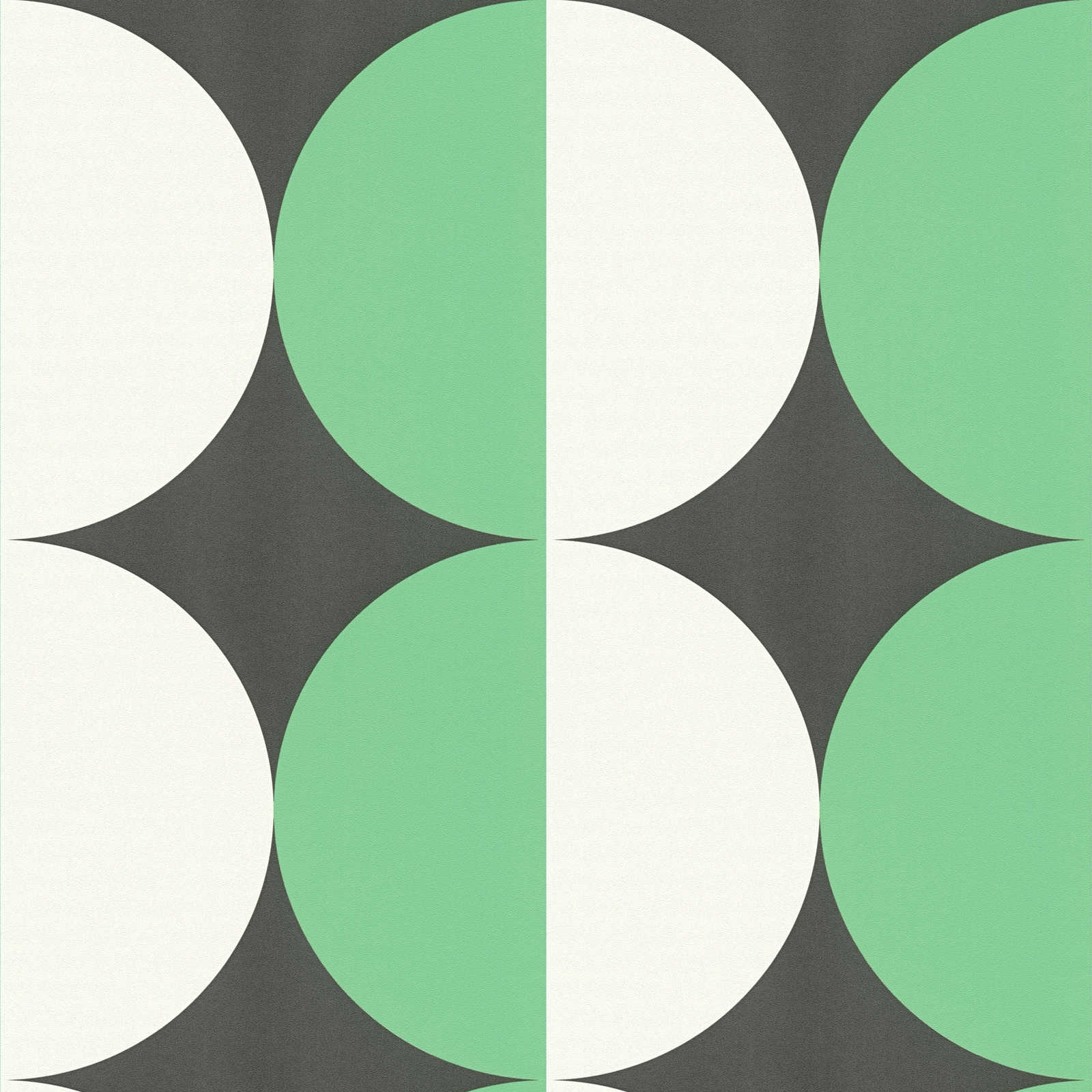             Papel pintado no tejido de estilo retro años 70 con motivos circulares - verde, blanco, negro
        