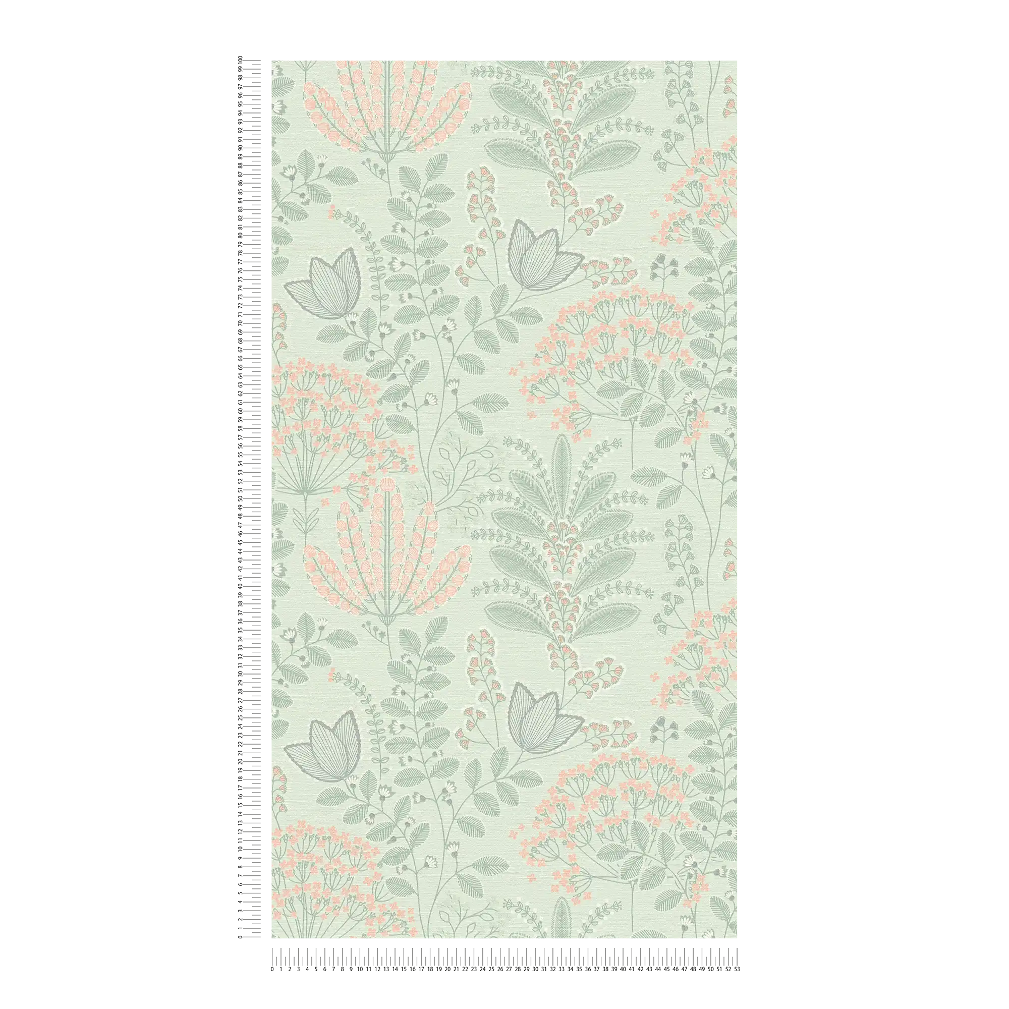             papier peint en papier floral avec feuilles look rétro légèrement structuré, mat - vert, gris, rose
        