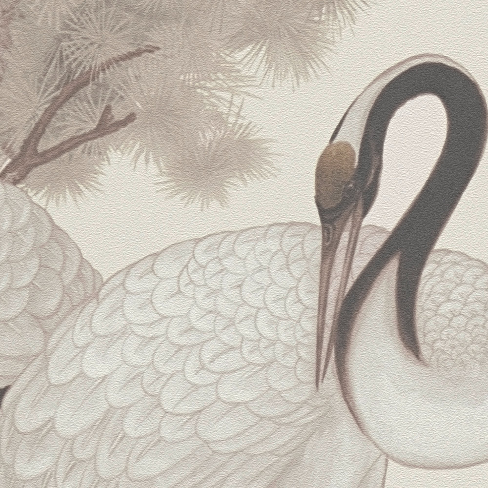             Japandi behangpapier kraanvogels in Aziatische stijl - crème, grijs
        