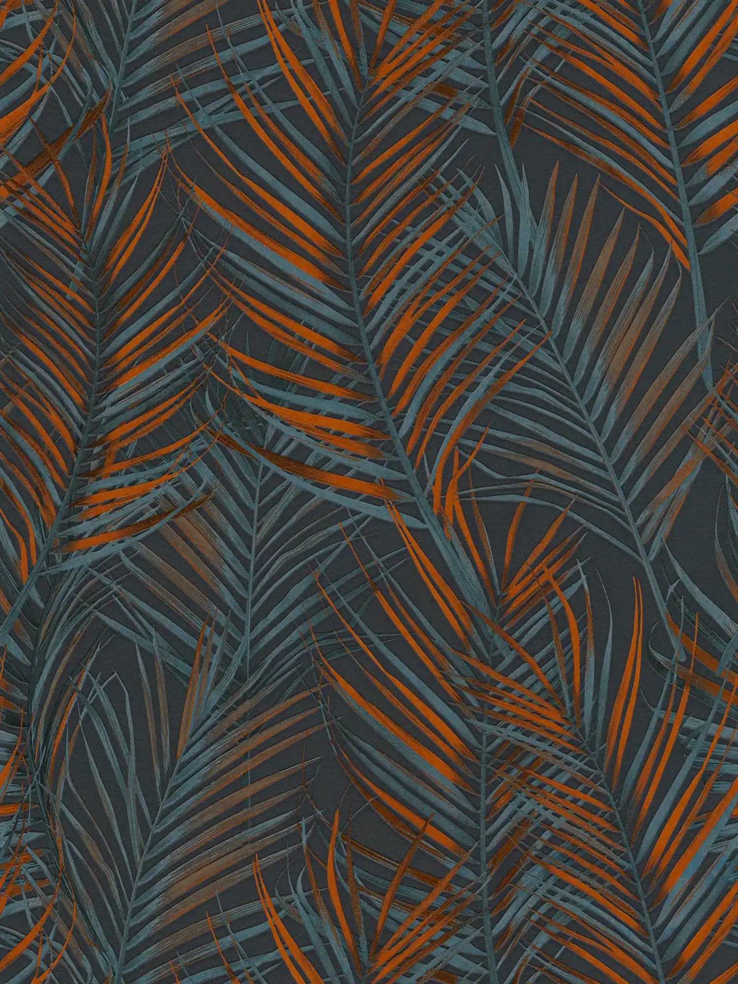 Jungle behang met palmbladeren in mat - zwart, oranje, petrol
