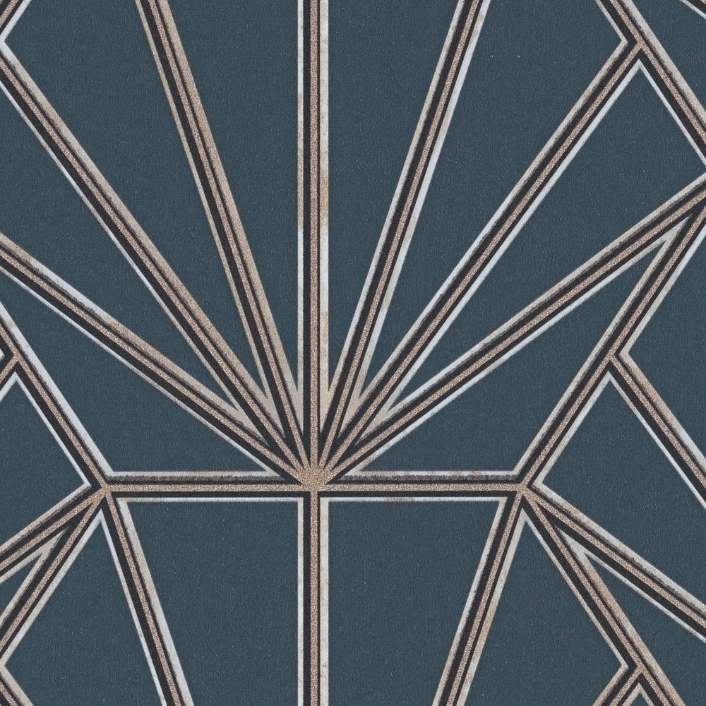             behangpapier art deco patroon en lijnmotief - blauw, goud, zwart
        