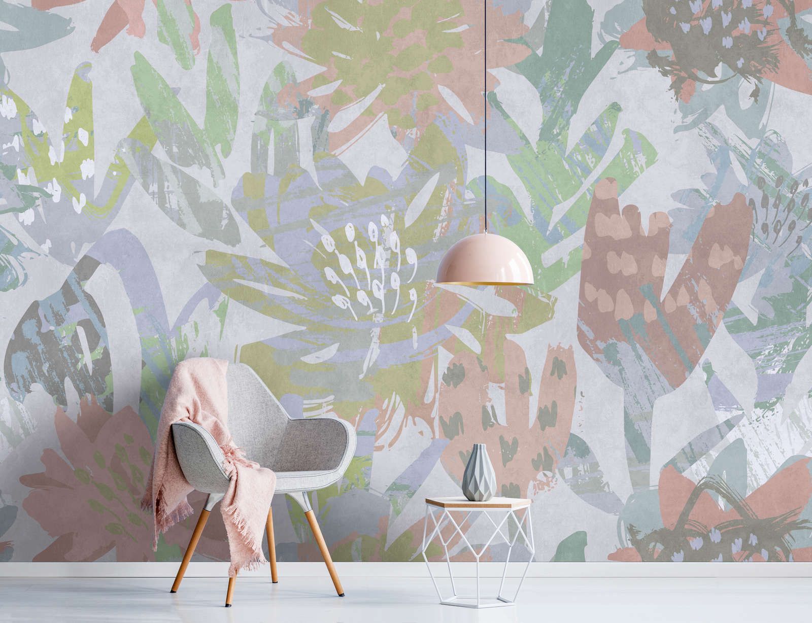             Photo wallpaper »sophia« - Colourful floral pattern on concrete plaster texture - Smooth, slightly shiny premium non-woven fabric
        