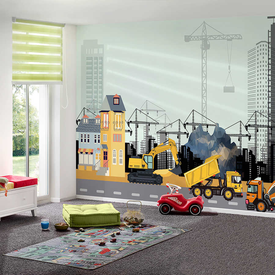 City mural dump truck on road with skyline in background on matte smooth non-woven
