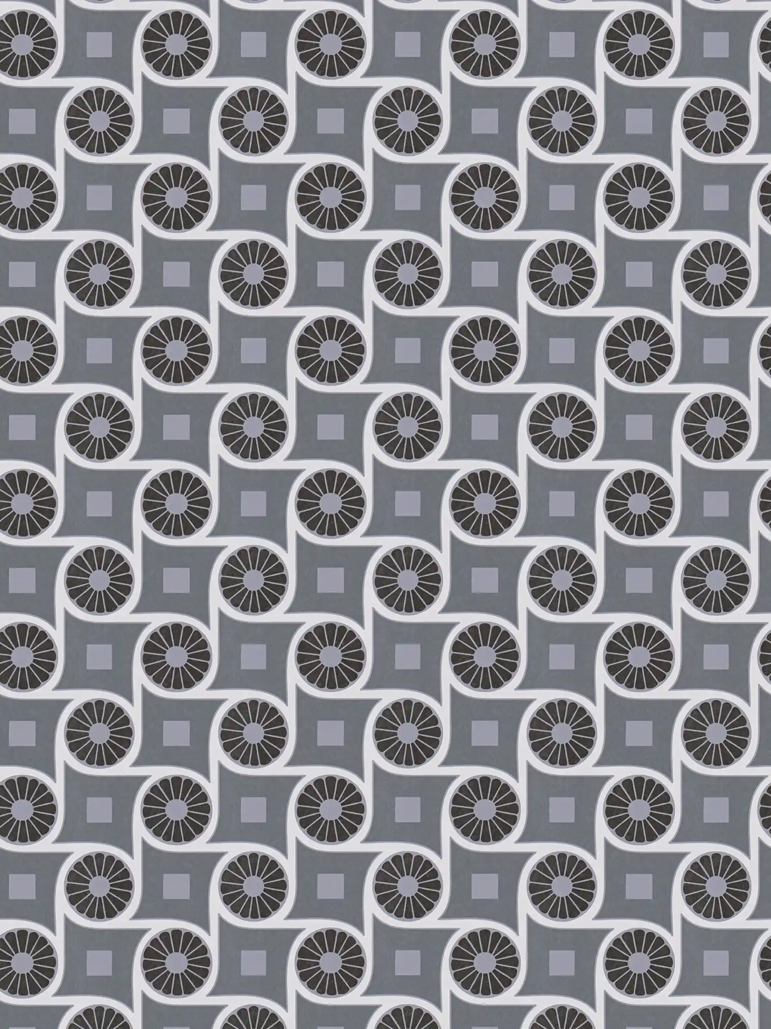 Papier peint style rétro avec motifs circulaires et carrés - gris, blanc, noir
