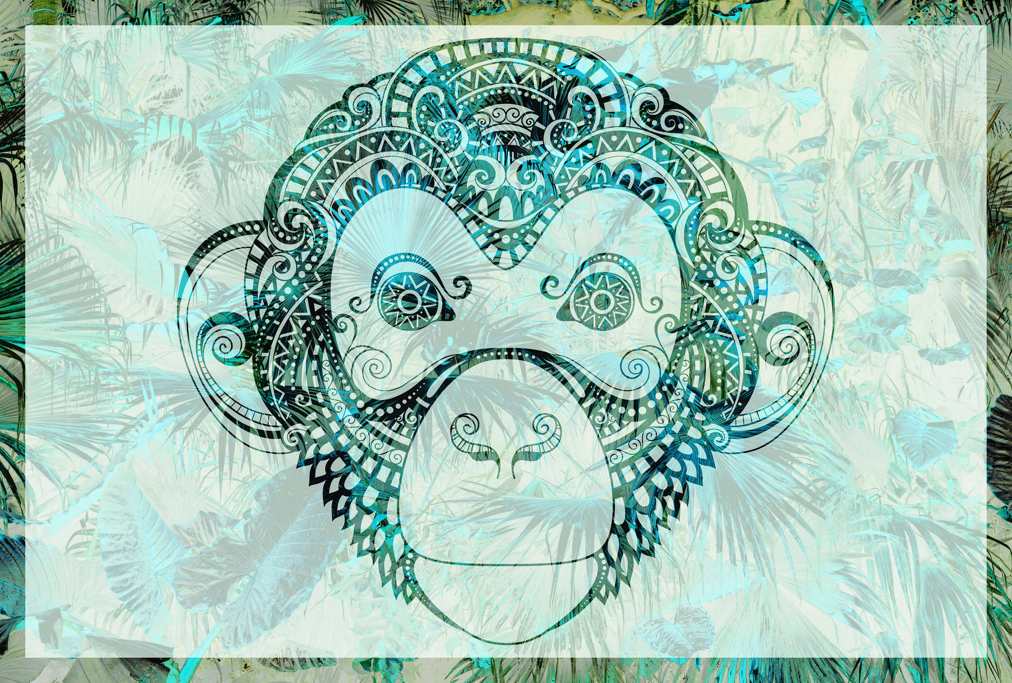             Papel pintado de diseño selvático, mono y estilo boho - verde, azul y blanco
        