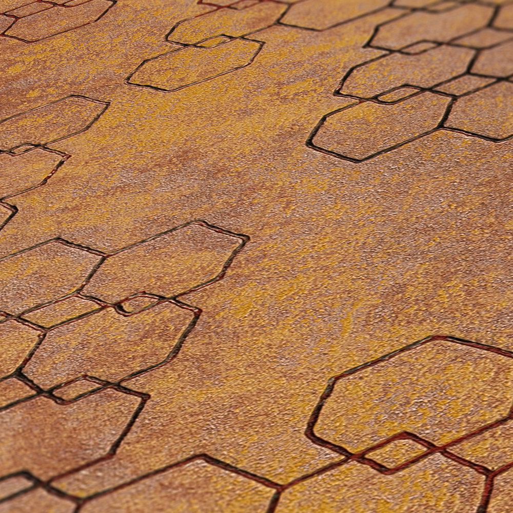             Papel pintado con motivos geométricos de estilo industrial - naranja, dorado, marrón
        