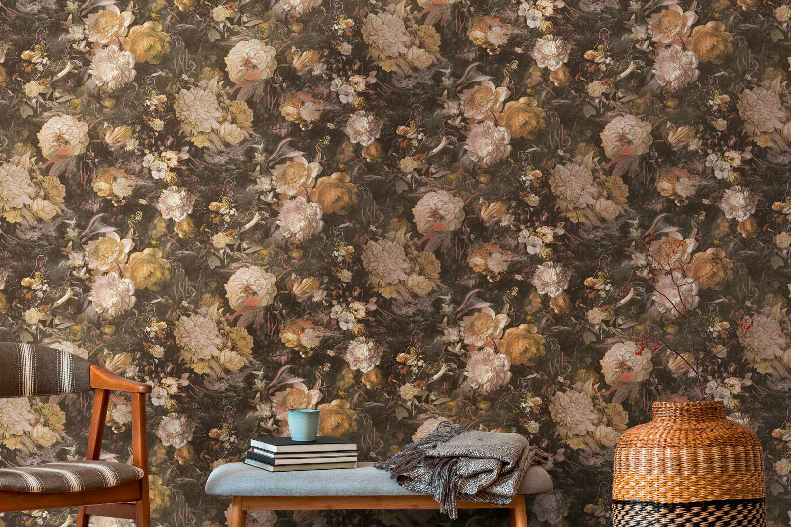             Art style floral wallpaper with roses - yellow, brown
        