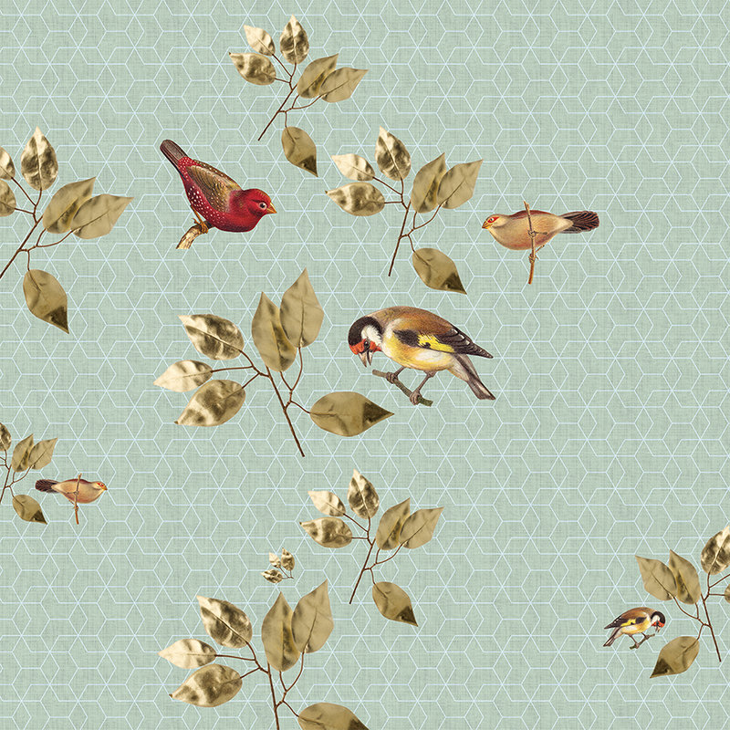 Brilliant Birds 2 - Natuurlijk geometrisch behang - Natuurlijke linnenstructuur - Groen, Turquoise | Pearl glad vlies
