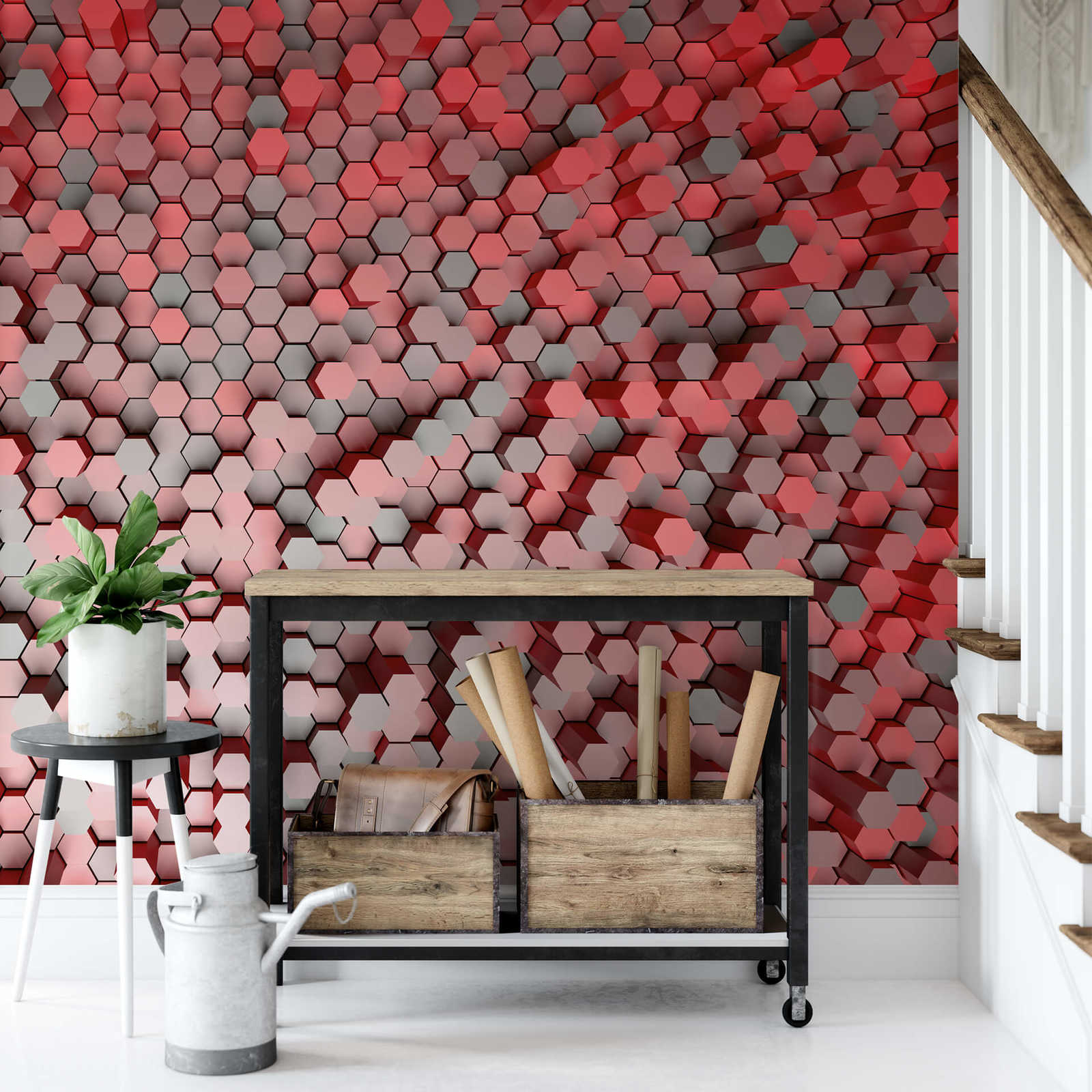             Papier peint graphique 3D motif hexagonal - rouge, gris
        