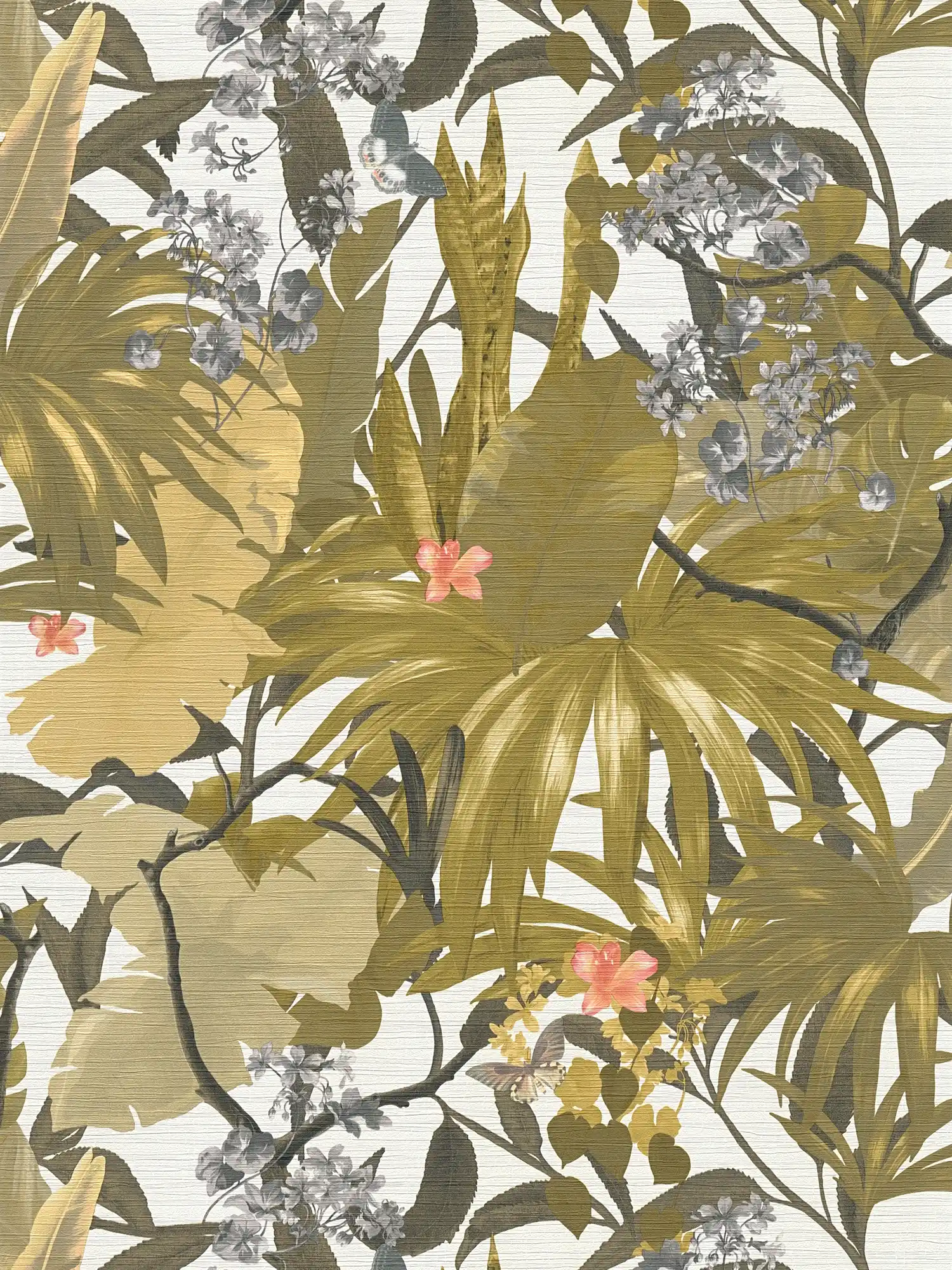 behang jungle design met bladmotief - geel, grijs
