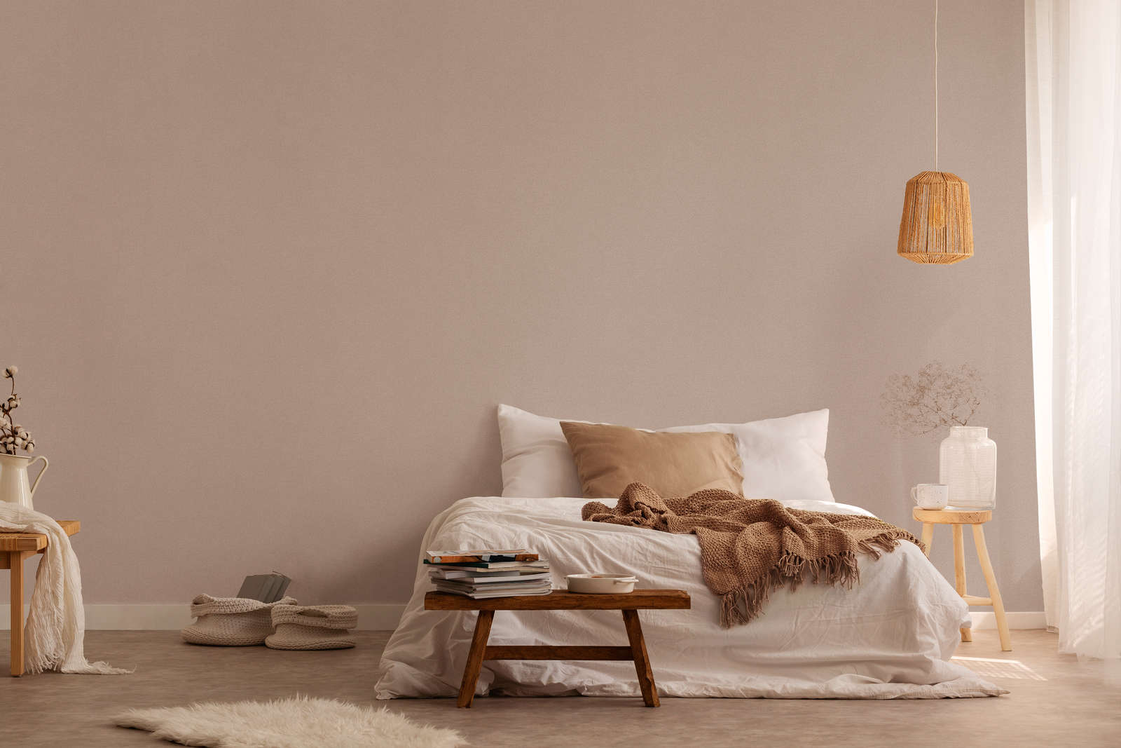             Plain wallpaper with linen look PVC-free - brown, beige
        