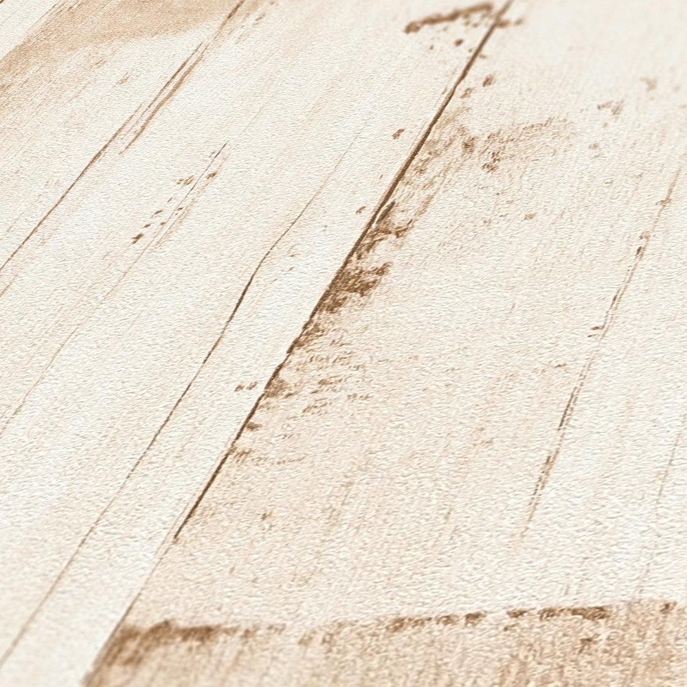             Papel pintado de madera no tejida con aspecto de tablones sin PVC - Beige, Blanco
        