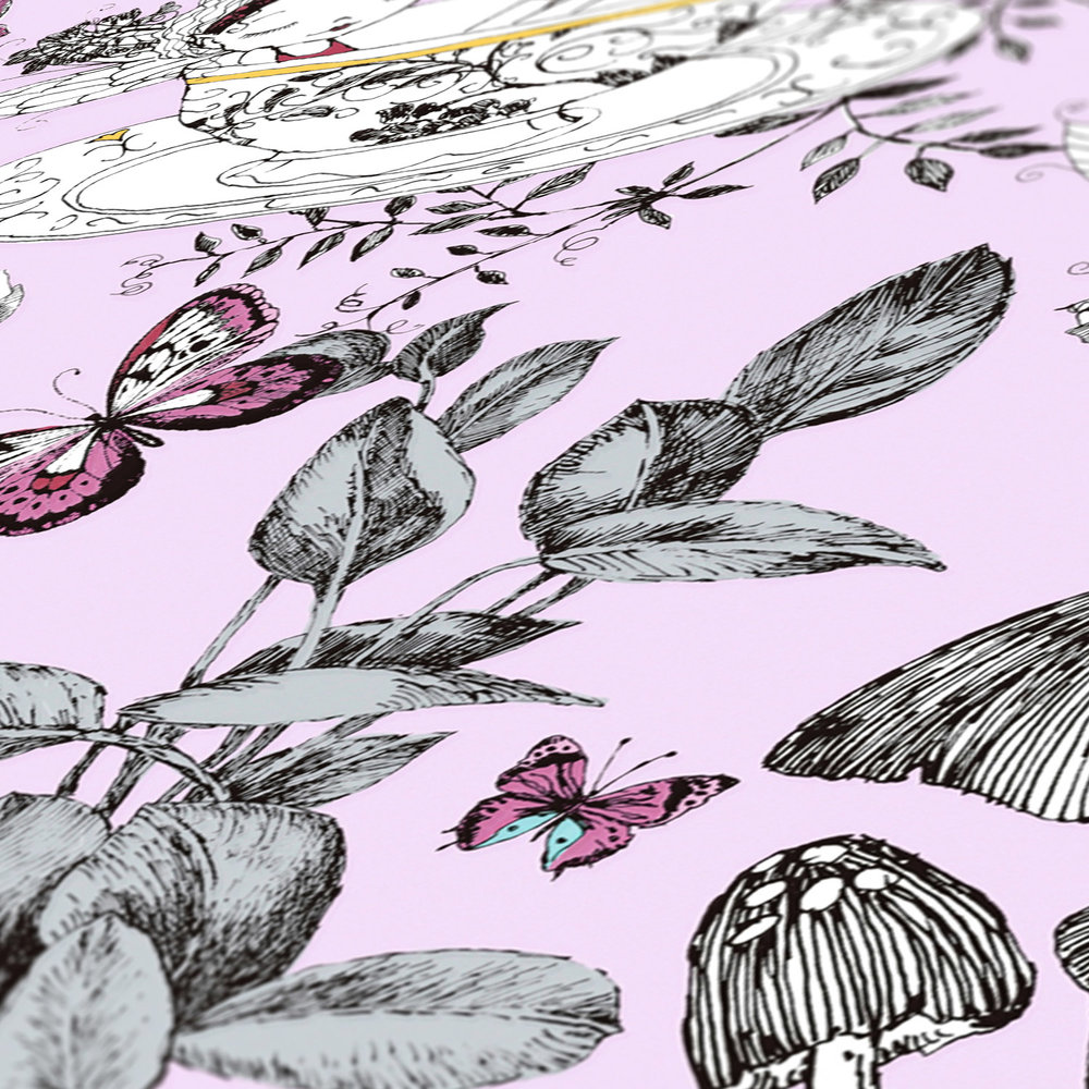             Papier peint forêt chambre enfants fées & animaux - rose, noir, blanc
        