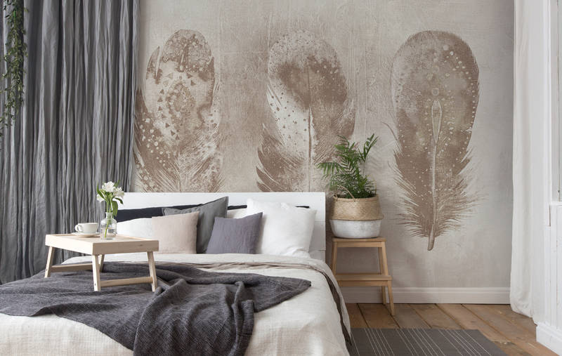             Photo wallpaper feather design, bohemian style & sepia - beige, white, grey
        