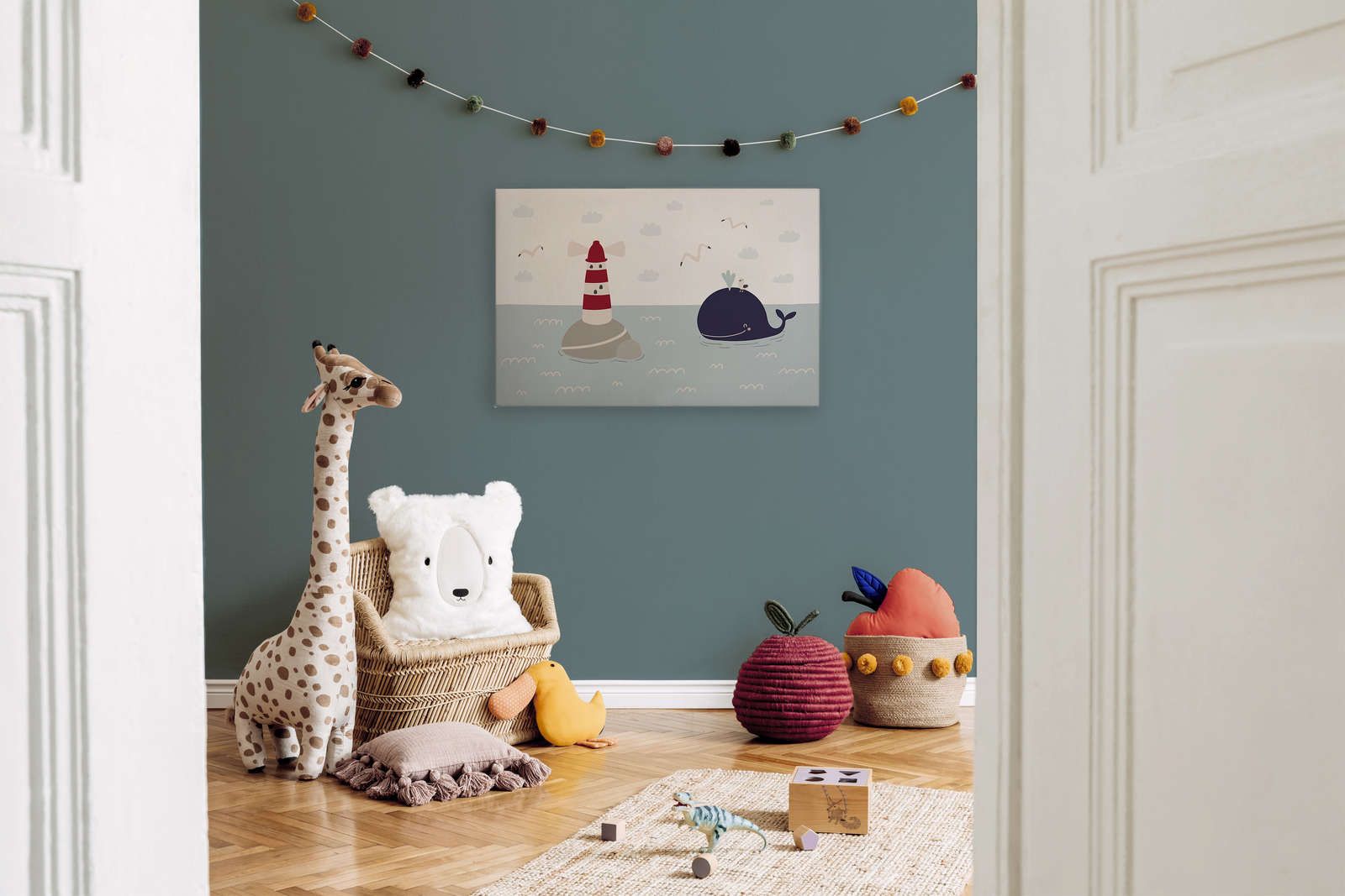            Lienzo para habitación infantil con faro y ballena - 90 cm x 60 cm
        