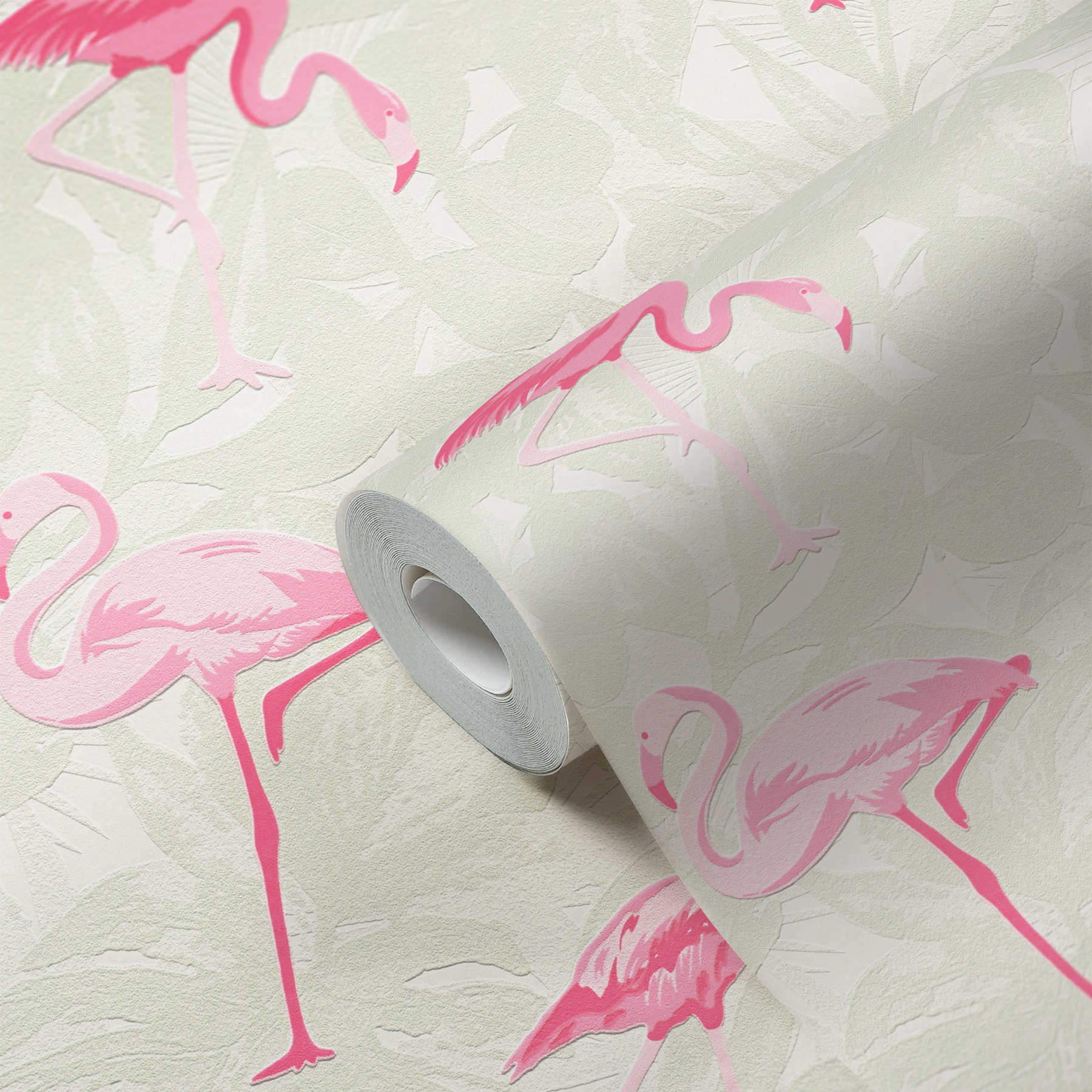             Papel pintado Flamingo con hojas tropicales - rosa, crema
        