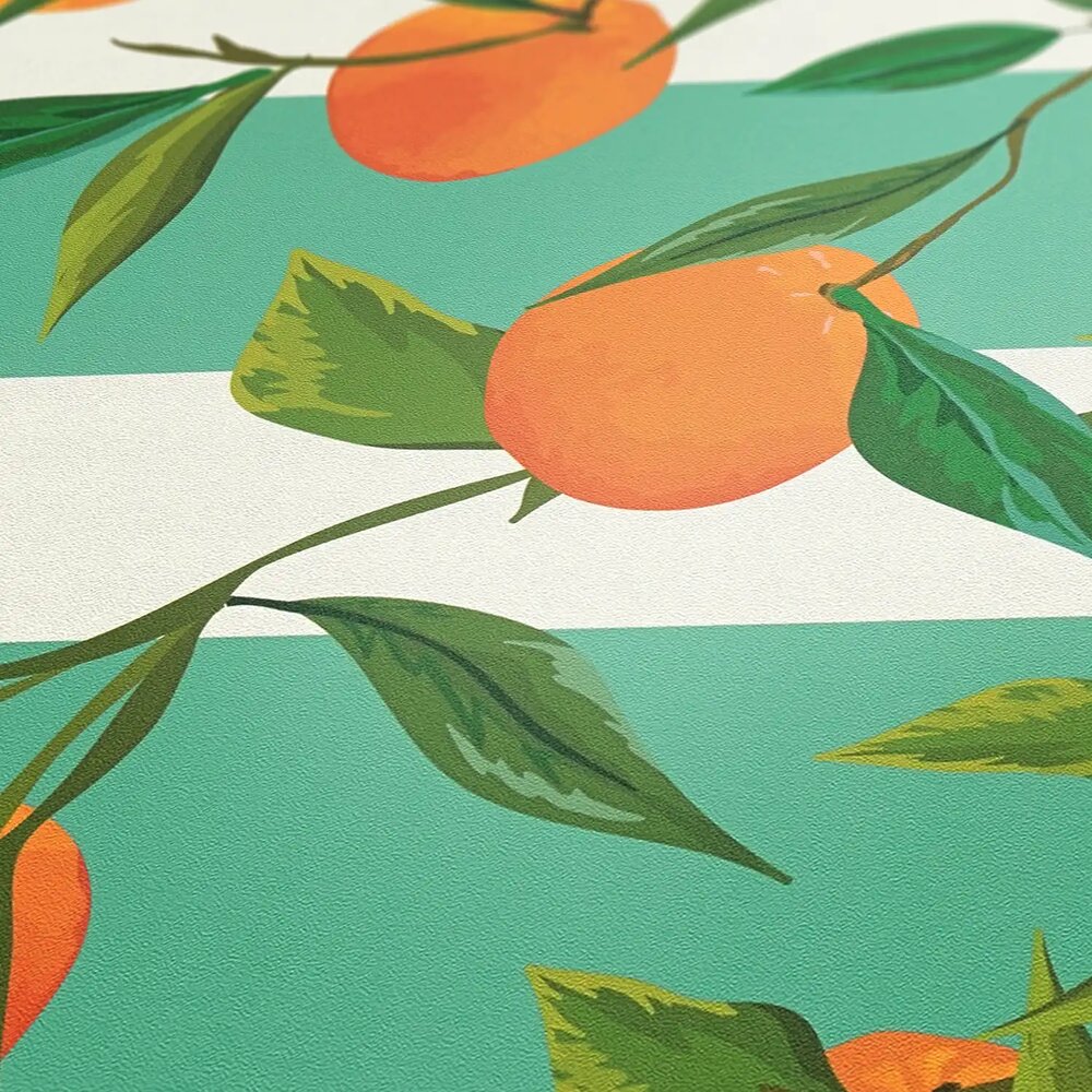             Papel pintado no tejido a rayas con naranjas y hojas pintadas - turquesa, naranja, verde
        