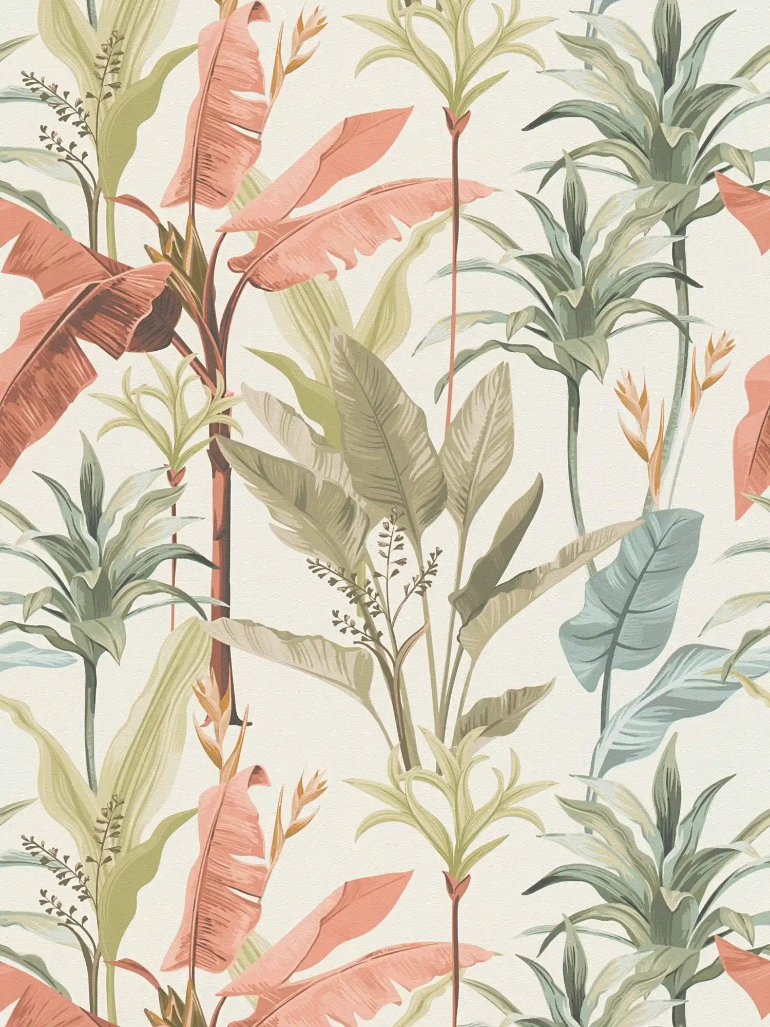 Non-woven wallpaper floral with detailed leaves pattern - green, pink, cream
