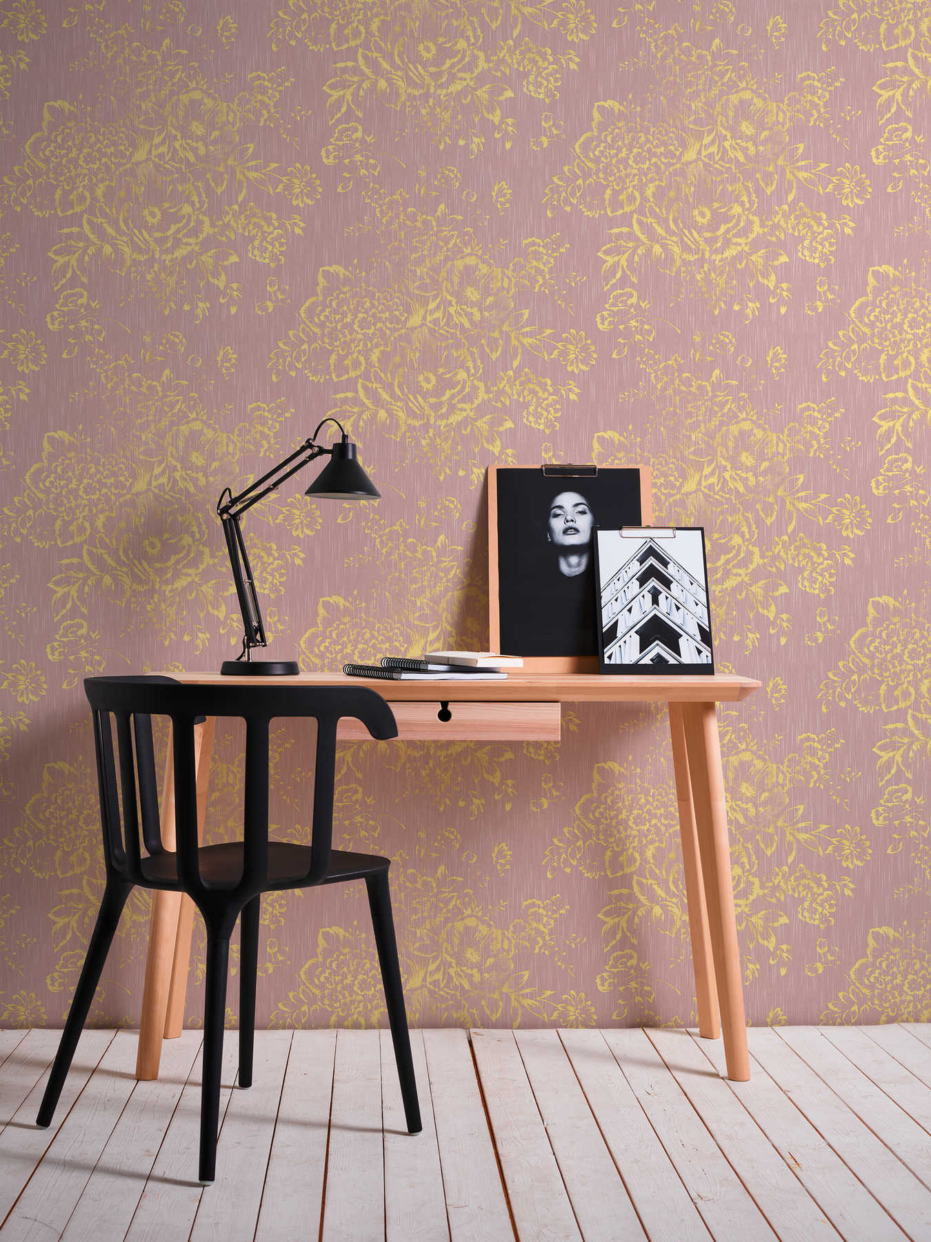             Papier peint structuré avec motif floral doré - or, rose
        