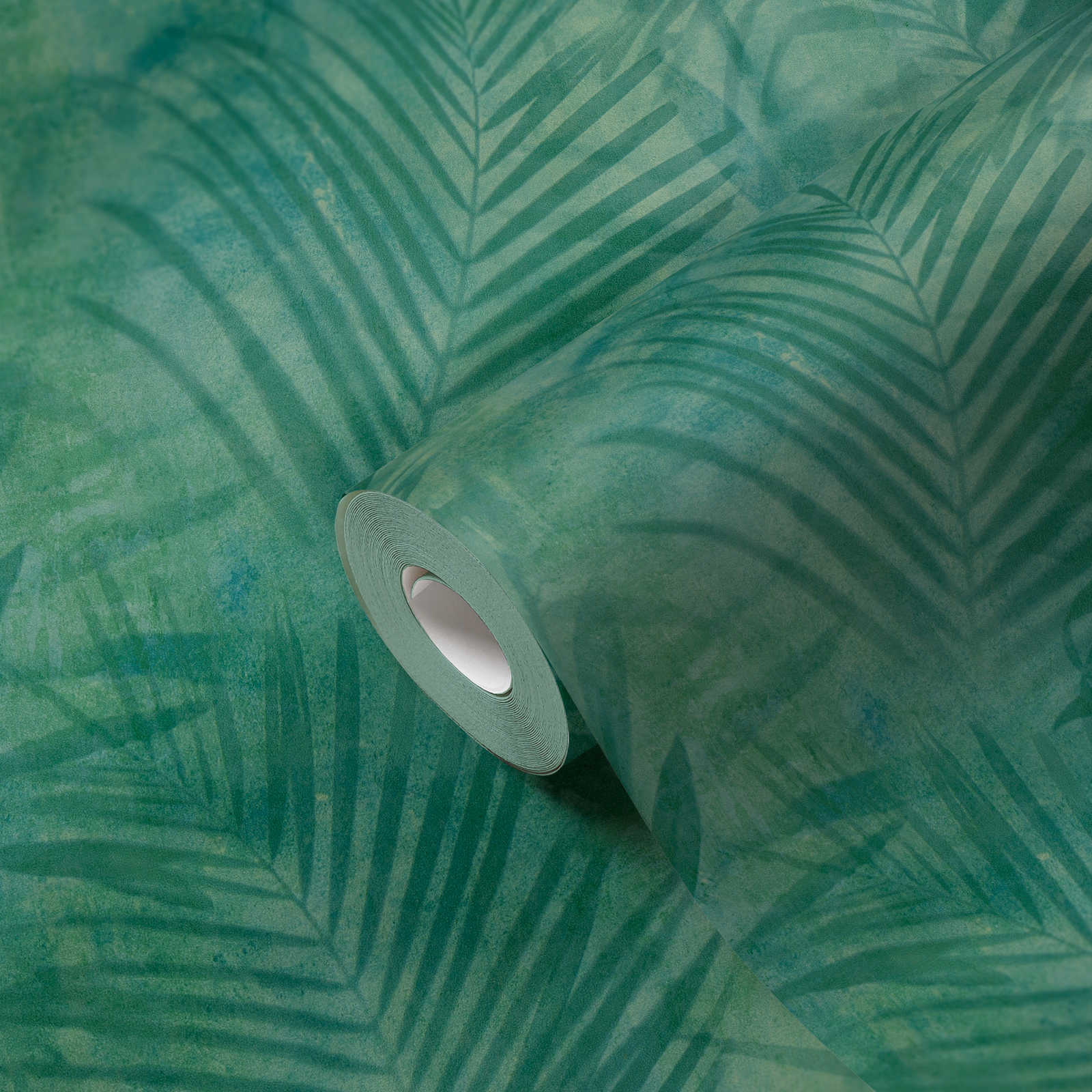             papel pintado con motivos de palmeras en aspecto de lino - verde, azul, amarillo
        