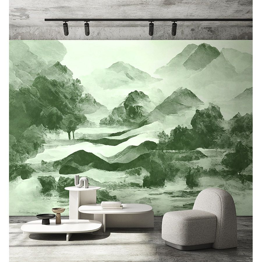 Photo wallpaper »tinterra 2« - Landscape with mountains & fog - Green | Smooth, slightly pearly shimmering non-woven fabric
