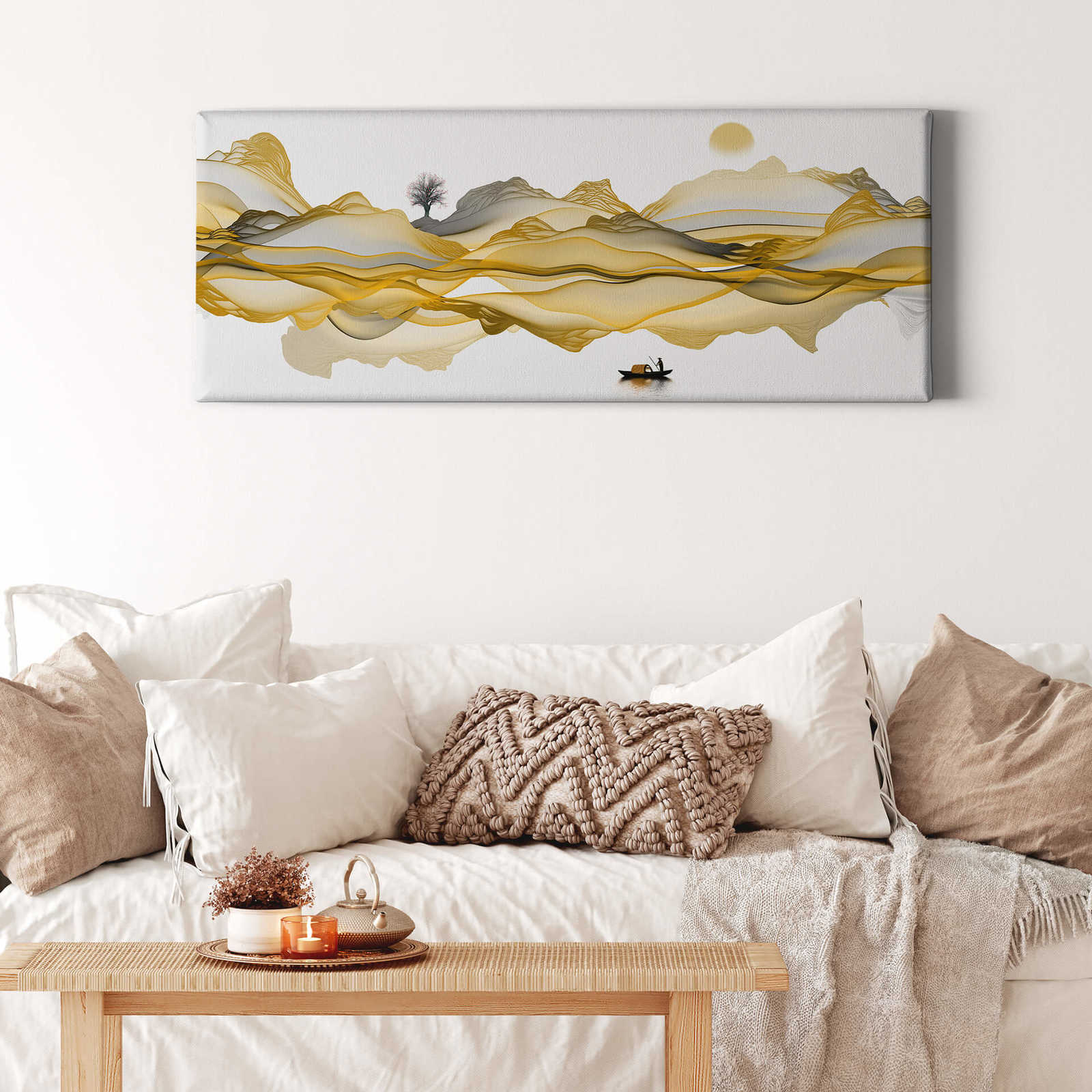             Tableau toile panoramique paysage abstrait or, gris - 1,00 m x 0,40 m
        