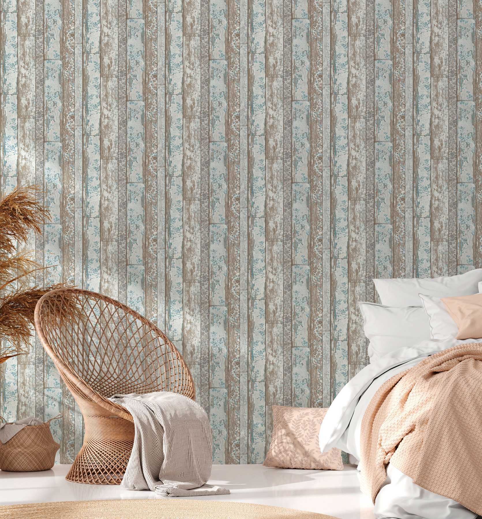             Country house wallpaper plank look with vintage floral print - blue, brown, grey
        